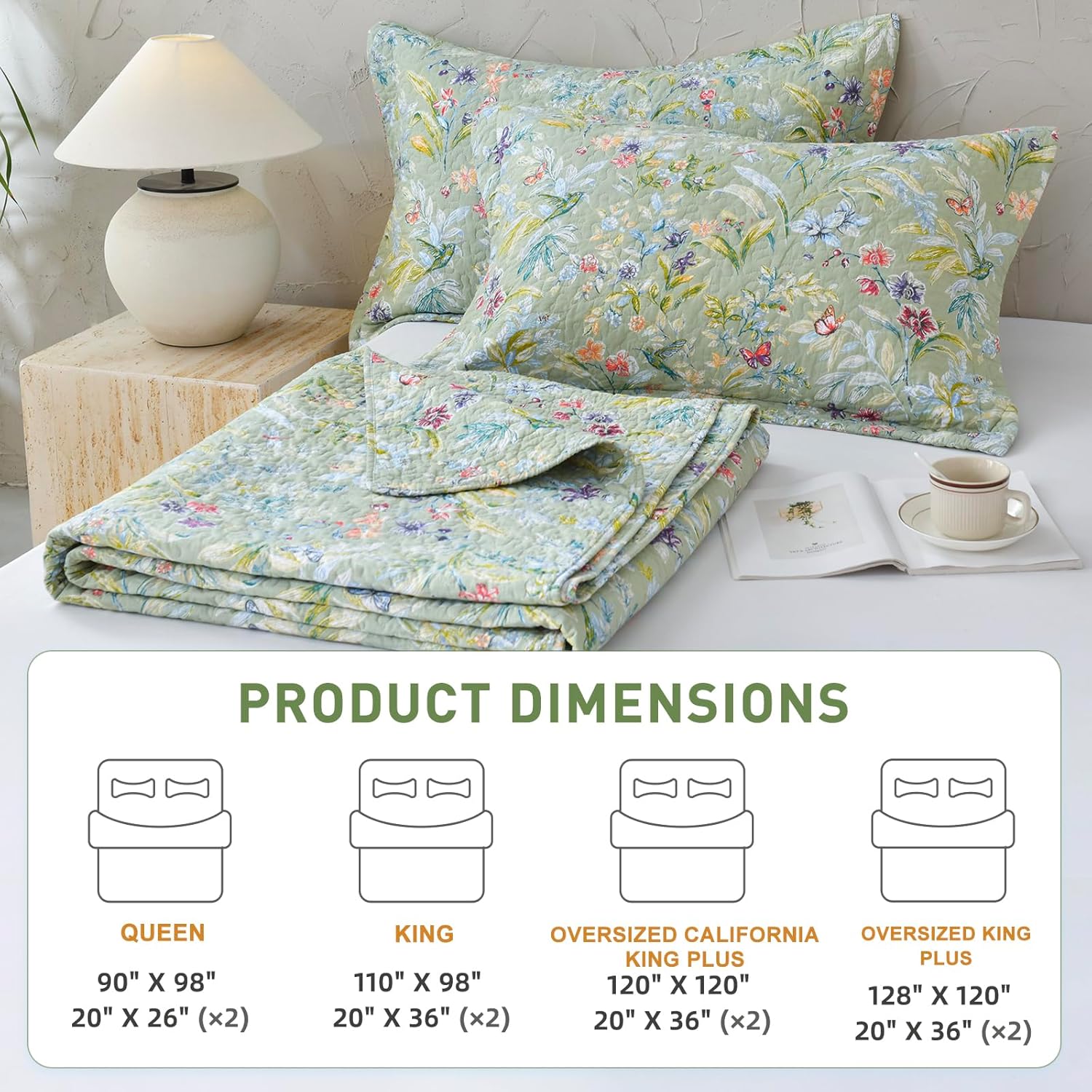 Lady Ann Green Floral 100 Cotton King Quilt Set