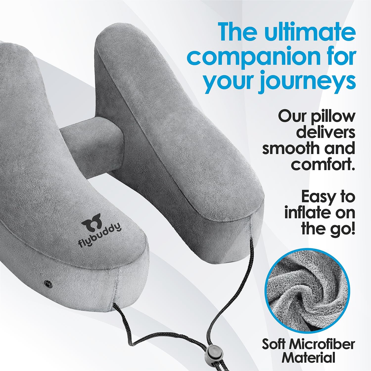 FlyBuddy Inflatable Neck Pillow for Traveling with Travel Bag and Hood - Grey