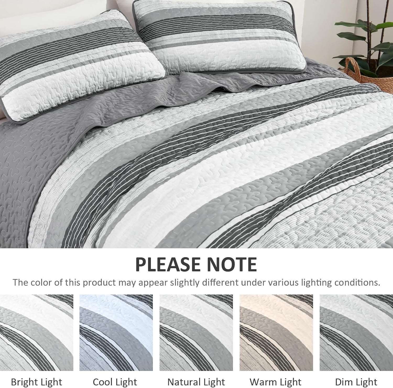 Djoymock Grey Striped Quilt Set 3 Piece Queen Size