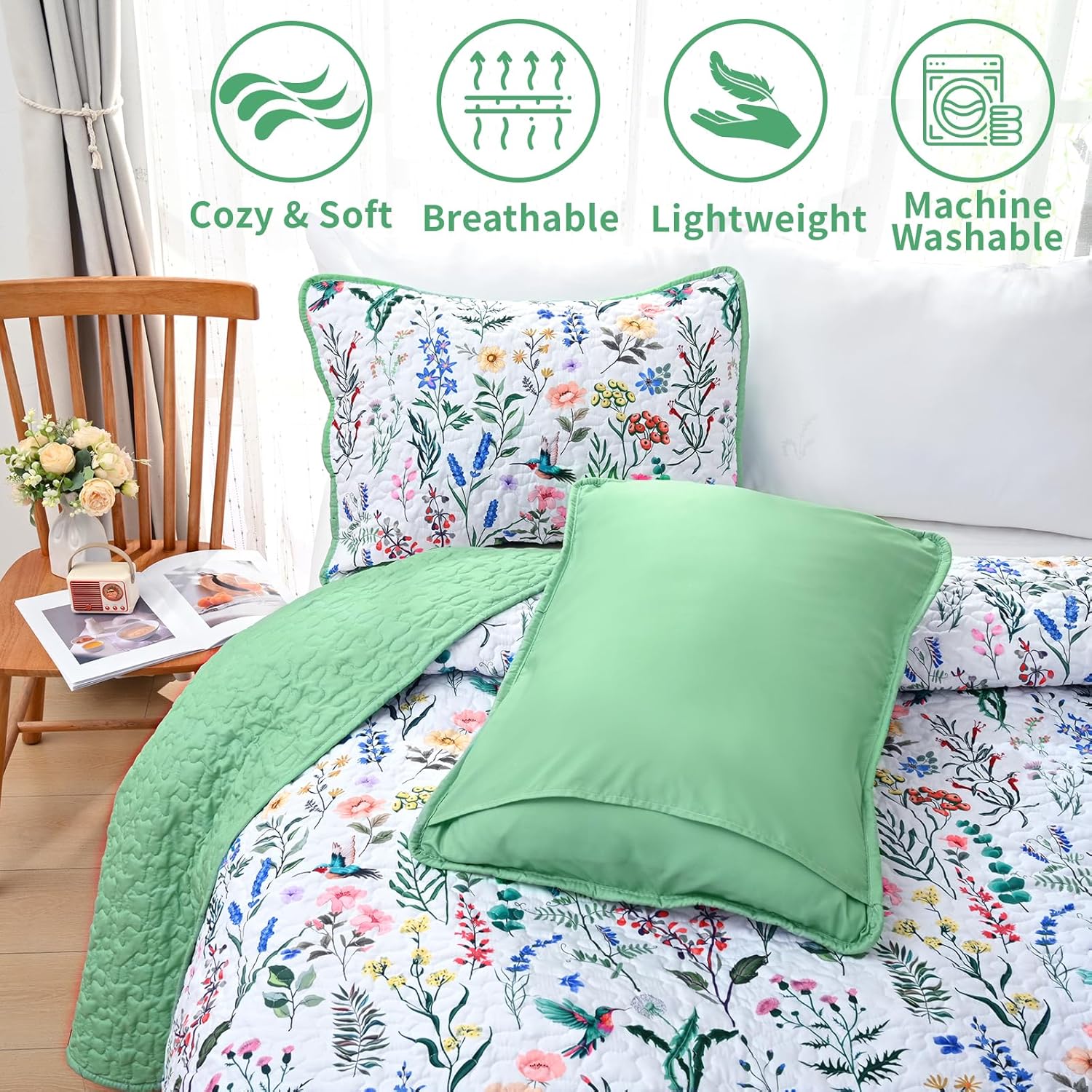 Invoibler Floral Reversible Queen Quilt Set