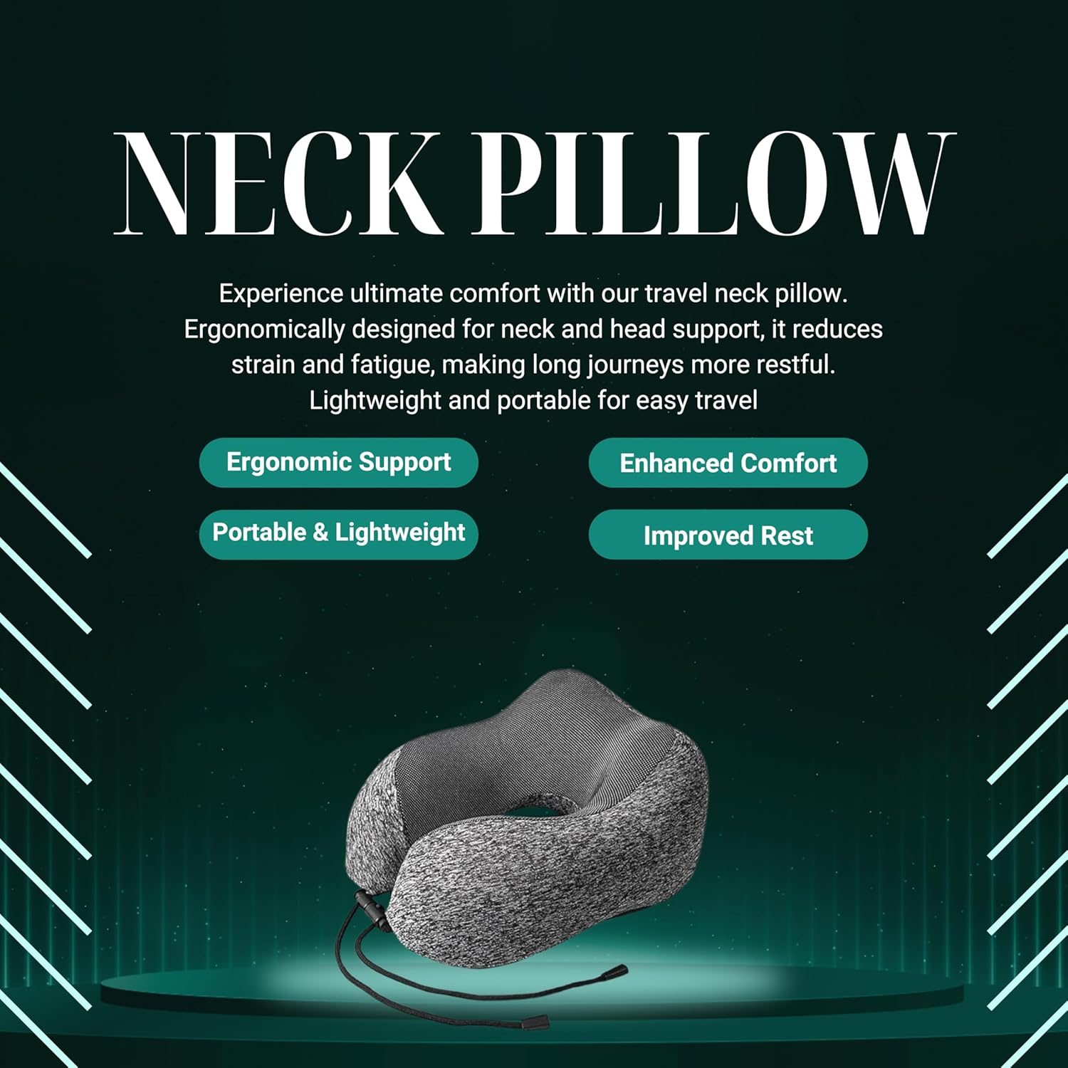 HA Travel Neck Pillow with Eye Mask and Luxury Bag - Dark Gray