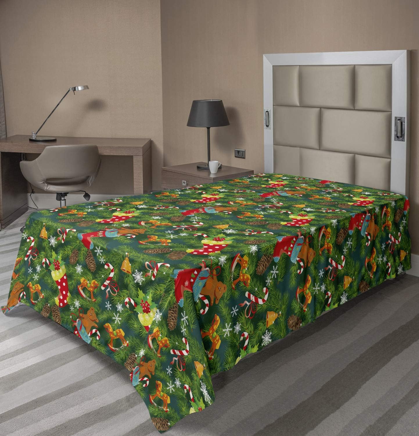 Ambesonne Christmas Flat Sheet 102x66 Inches Dark Green Brown Red