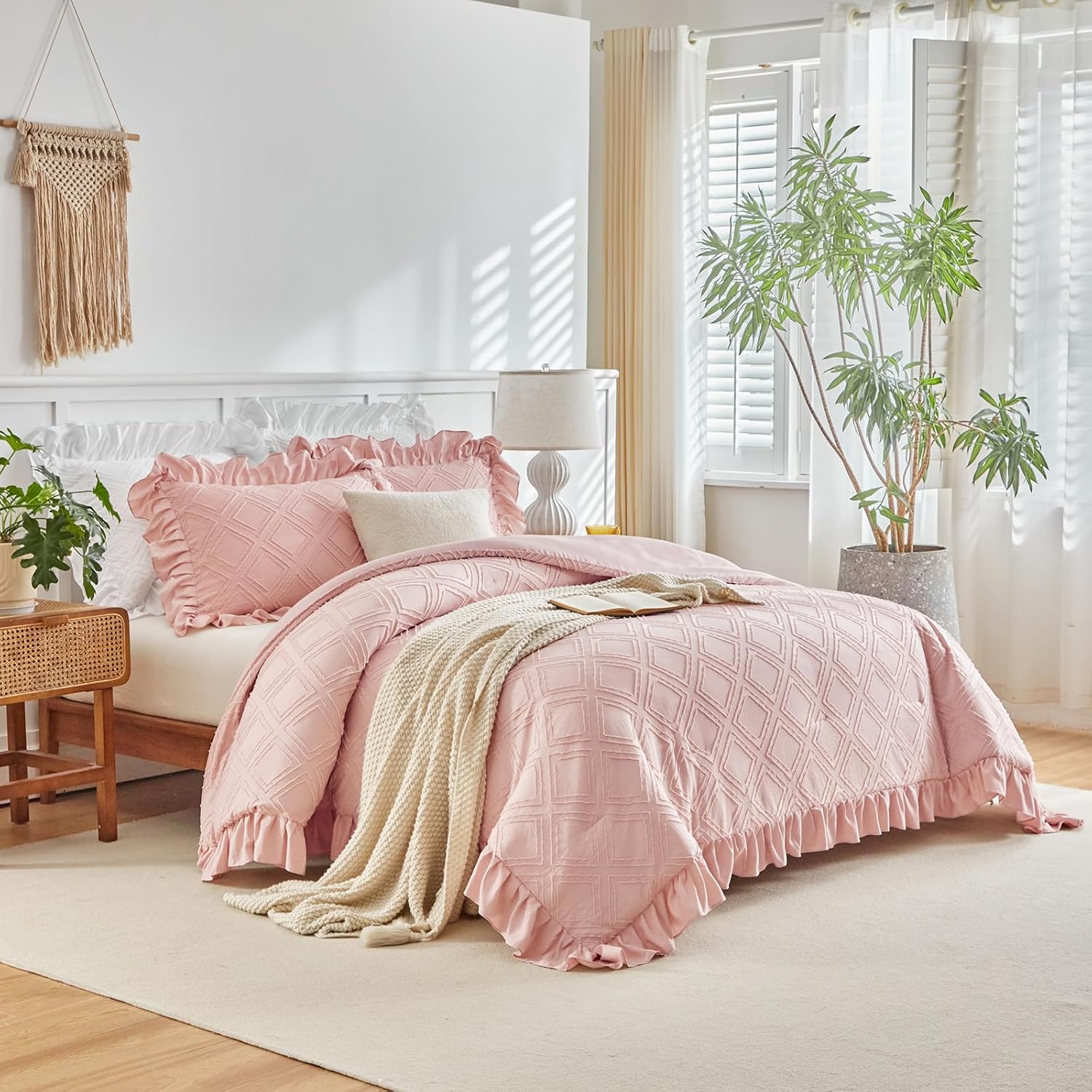 Flysheep Blush Pink Tufted Ruffle Comforter Set Twin Size
