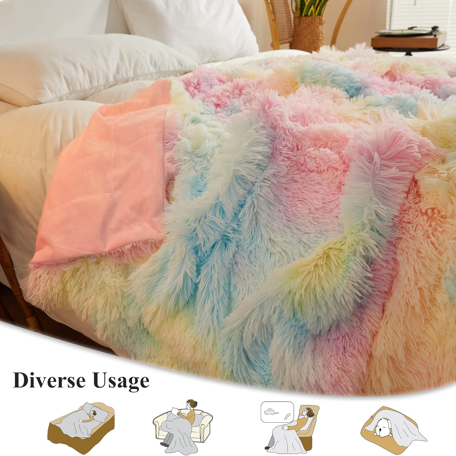 XeGe Plush Faux Fur Rainbow Throw Blanket 1