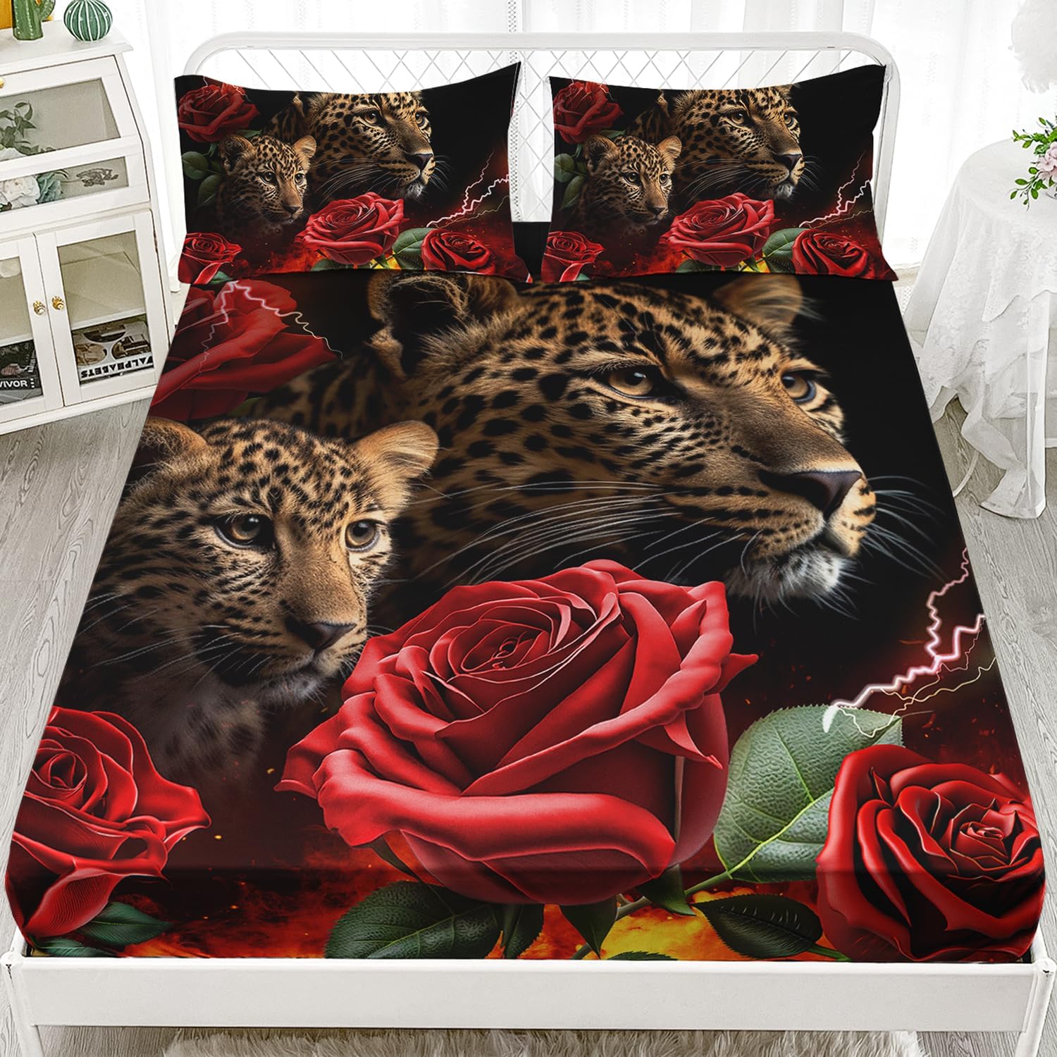 AILONEN Leopard Fitted Sheet Twin XL Set 3D Oil Red Rose Pattern 3PCS