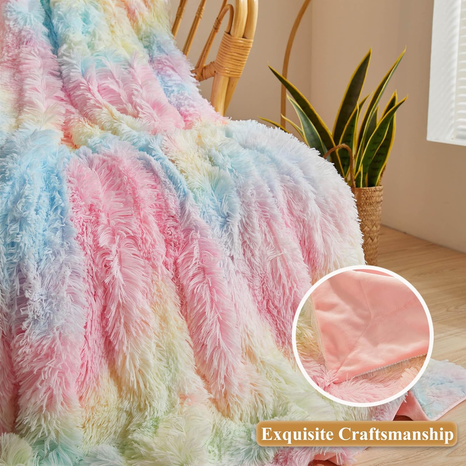 XeGe Plush Faux Fur Rainbow Throw Blanket 1