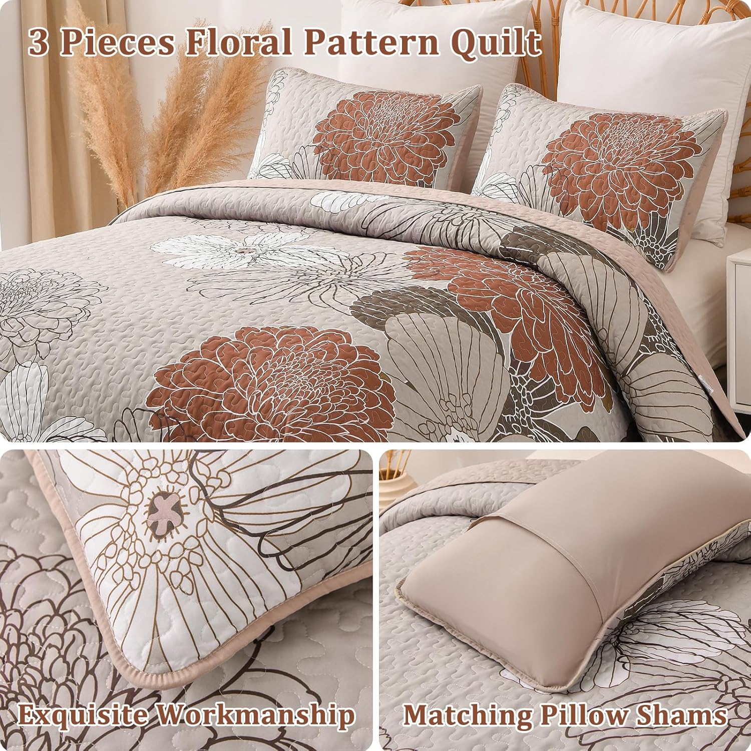 Anibedding King Quilt Set Brown Floral Pattern 3 Piece 1