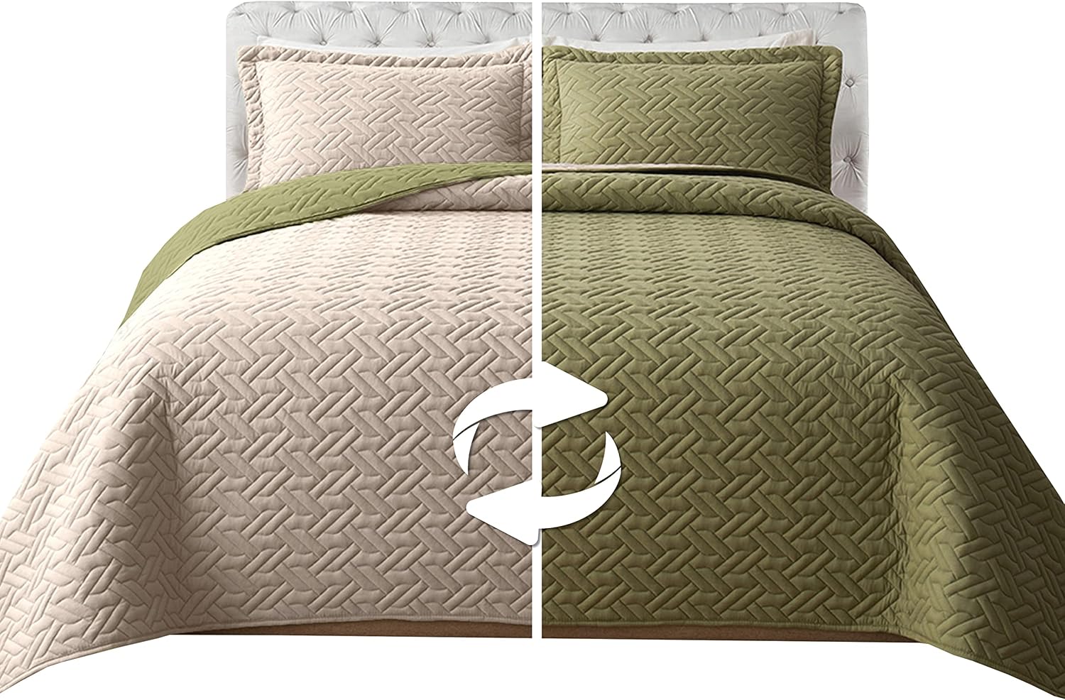 Elegant Comfort Reversible Quilt Set - Sage Cream