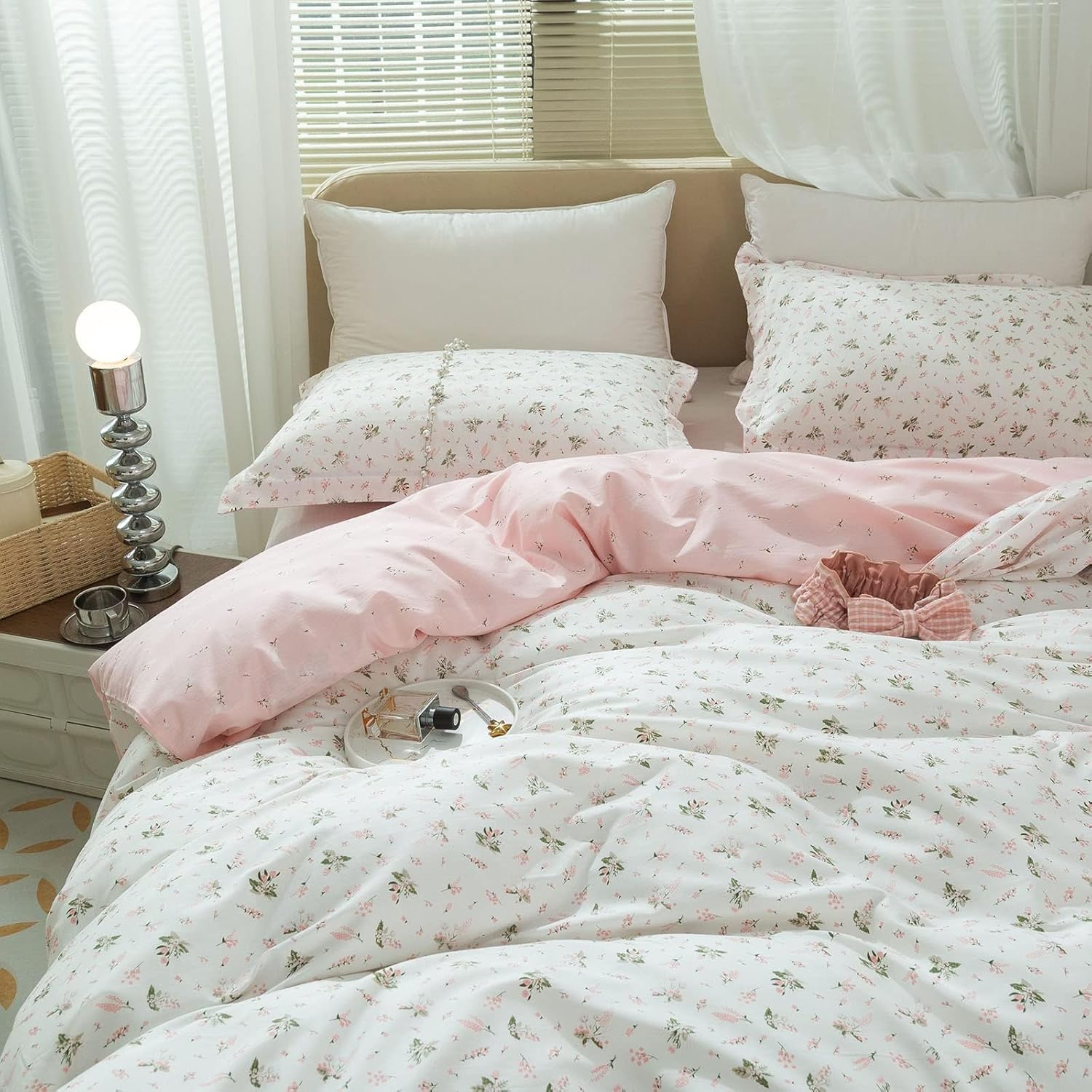 AMWAN Pink Floral Duvet Cover Twin XL Cotton Garden Bedding Set