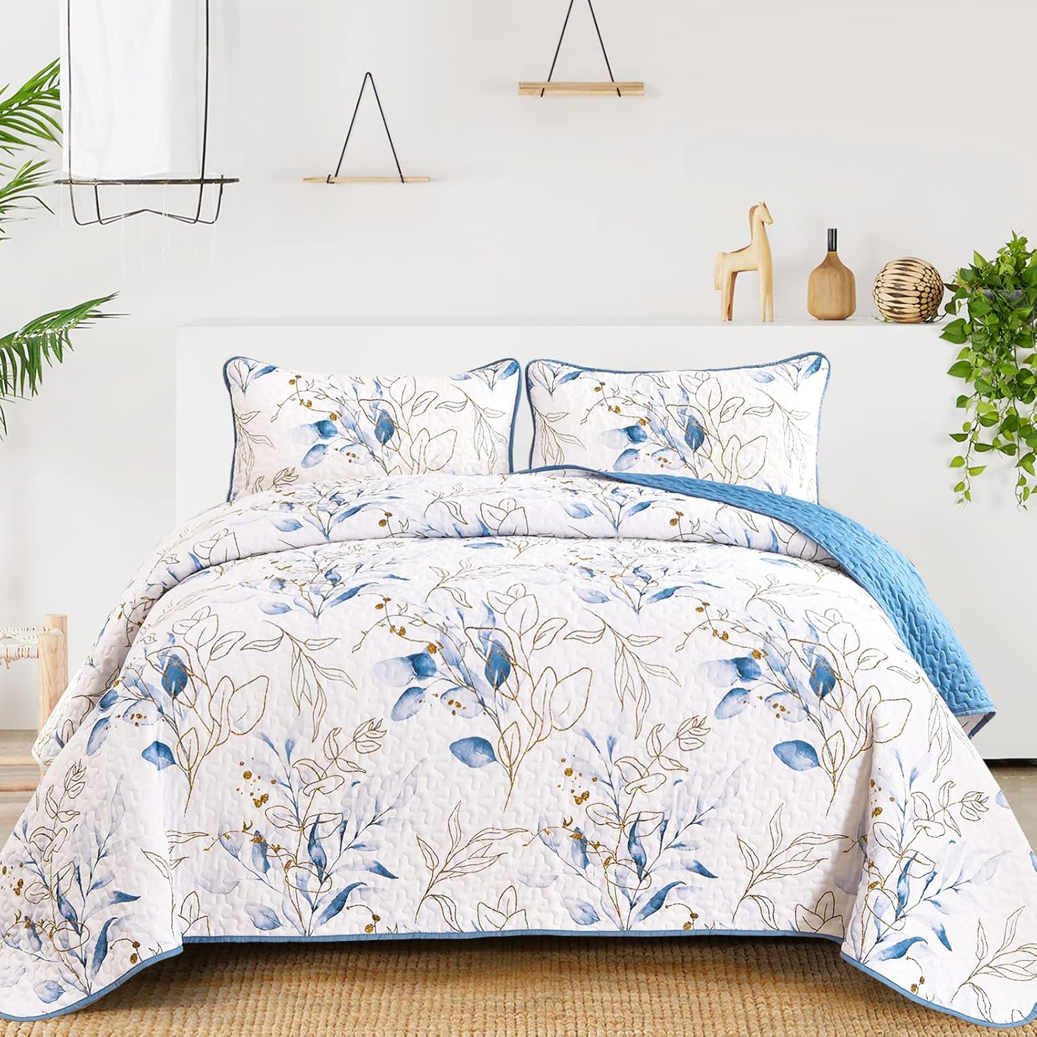 Anibedding Blue Quilt Set Queen 3 Piece