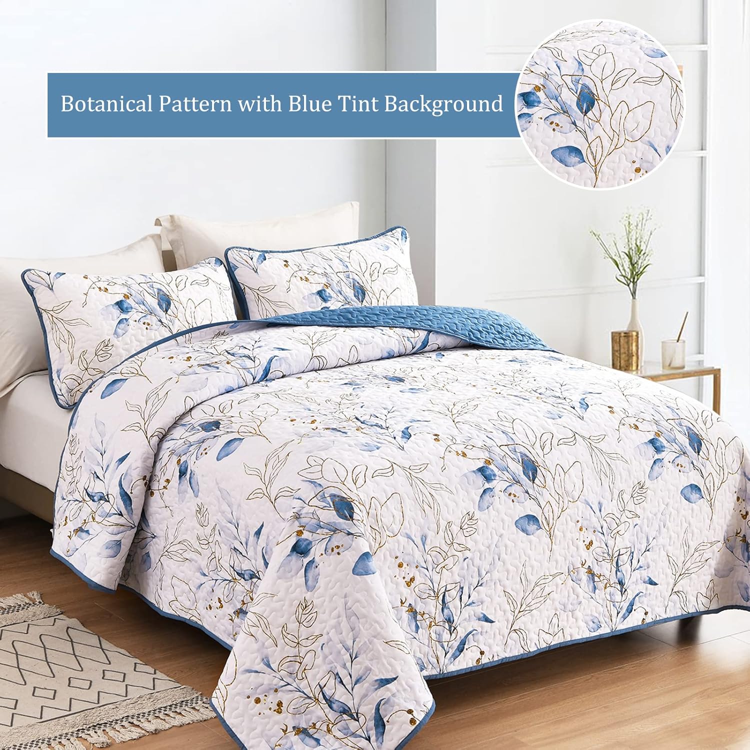 Anibedding Blue Quilt Set Queen 3 Piece