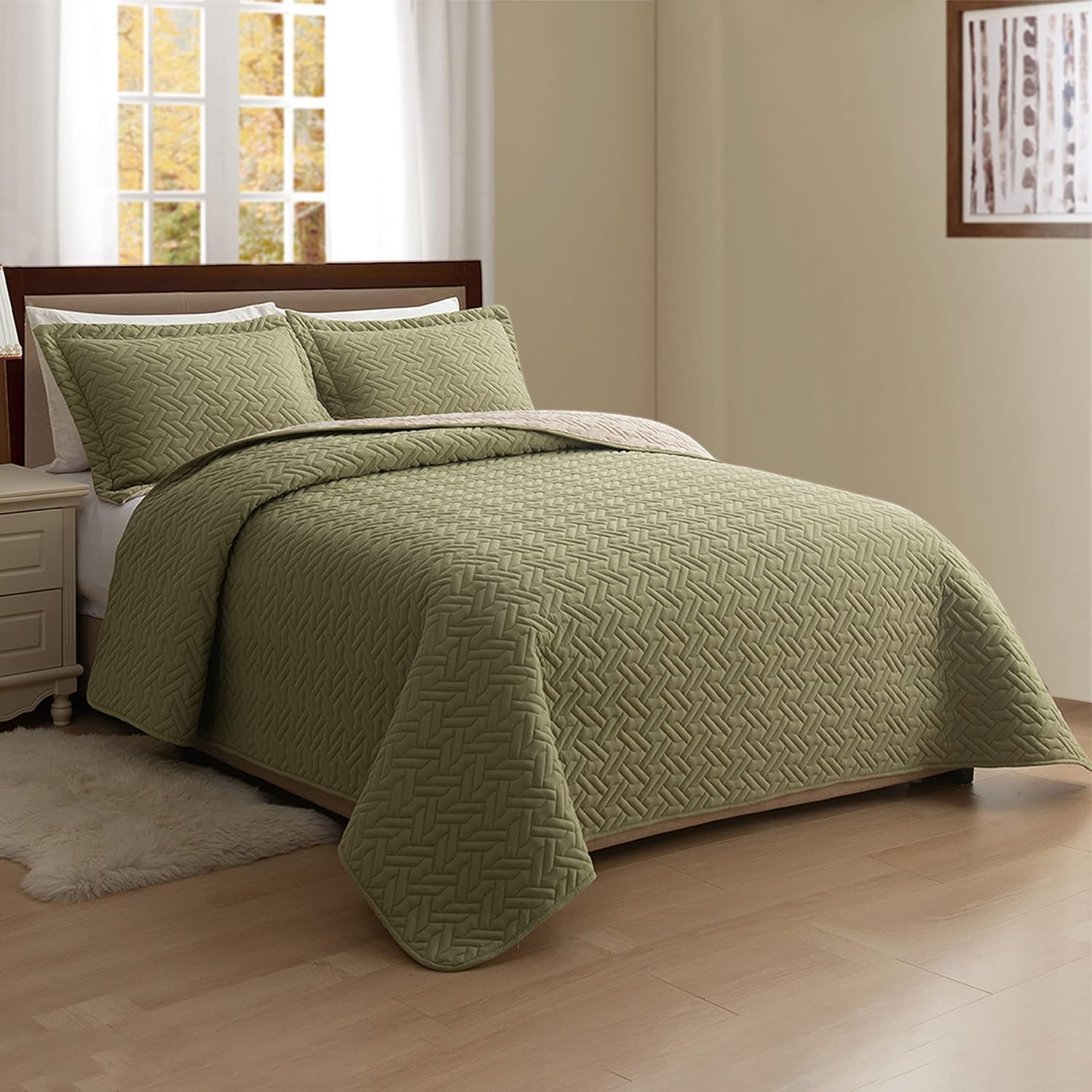 Elegant Comfort Reversible Quilt Set - Sage Cream