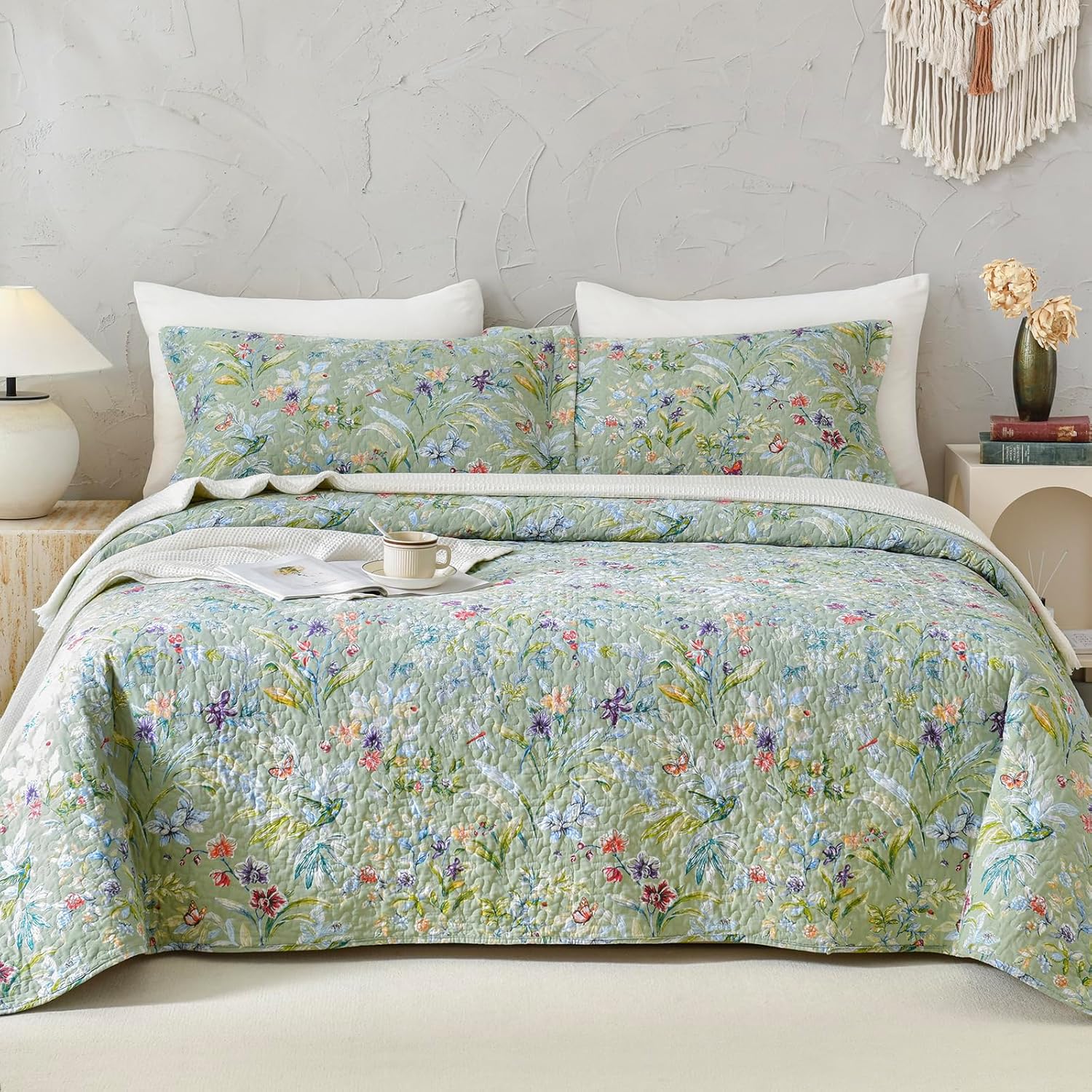 Lady Ann Green Floral 100 Cotton King Quilt Set