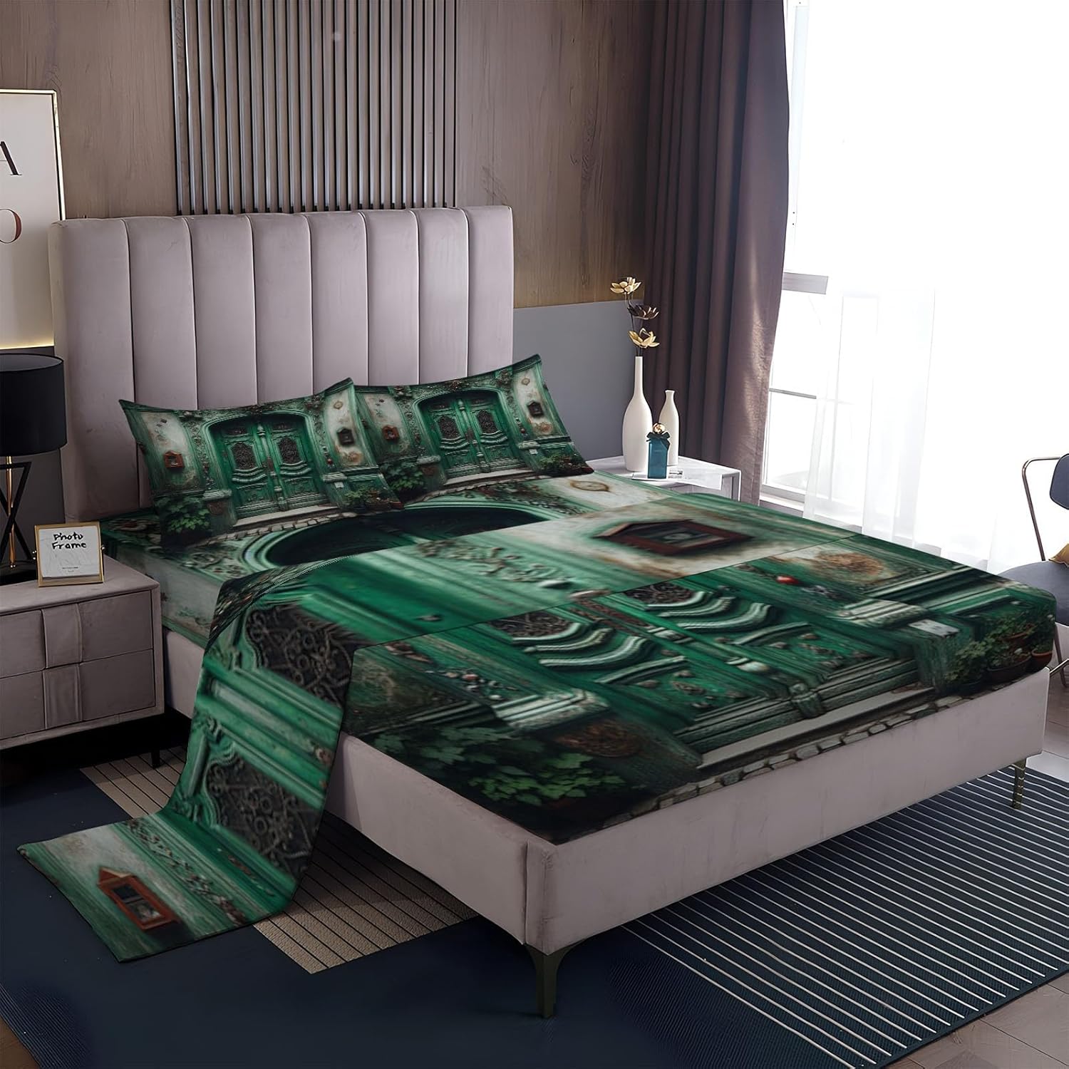 Full Fitted Sheet Set - Green Retro European Style 4 Piece