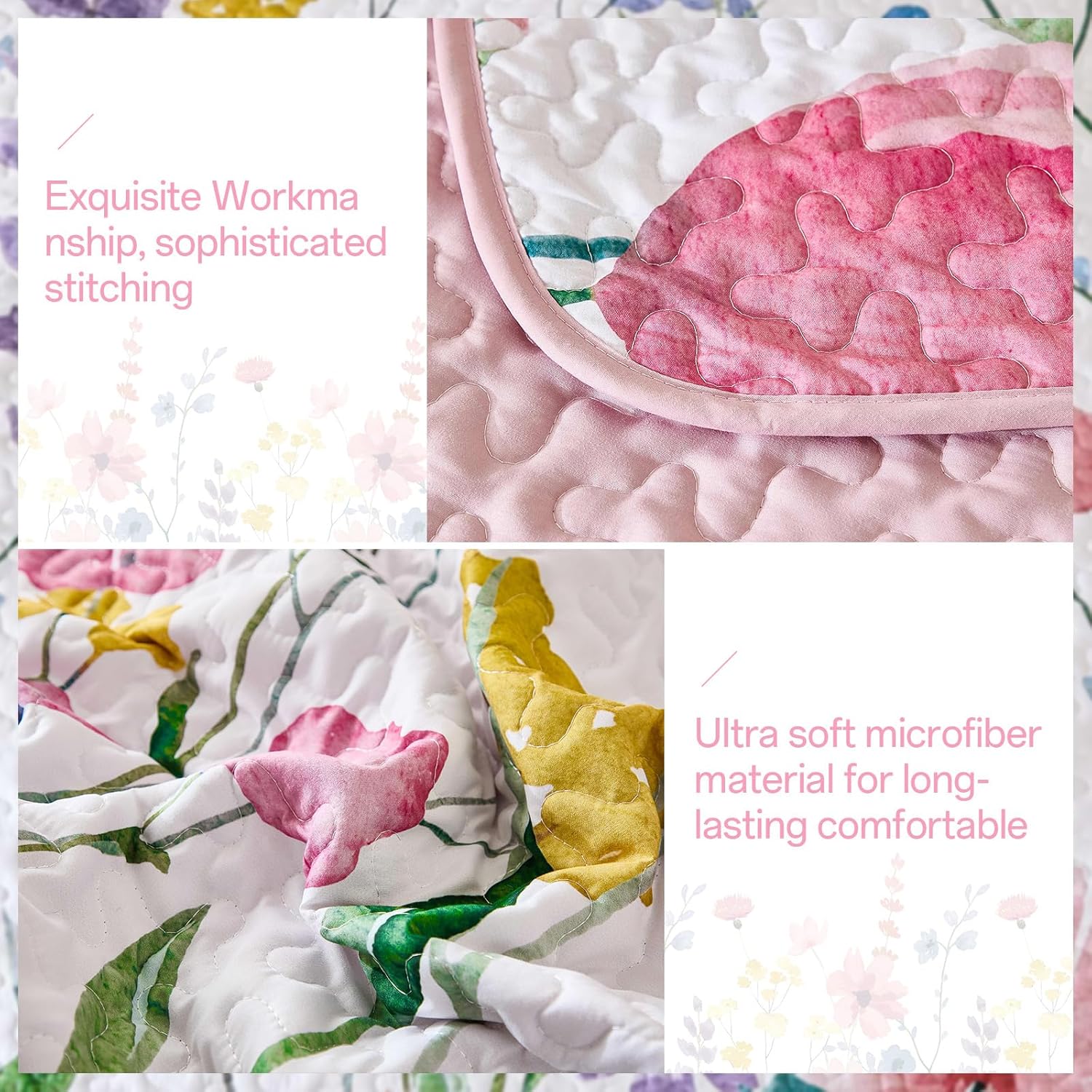 Anibedding King Size Quilt Set with Reversible Pink Floral Coverlet