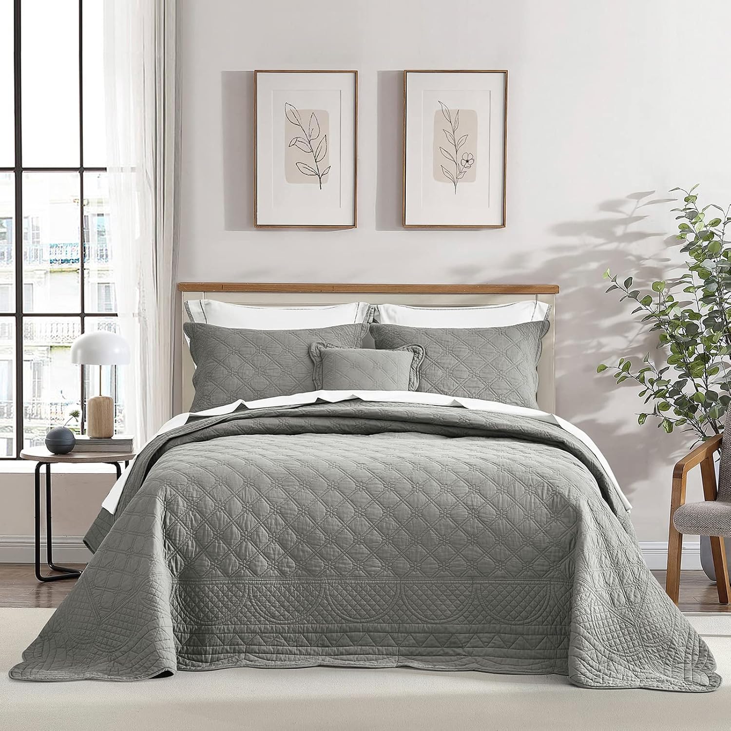 CHIXIN Oversized Cotton Bedspread - 3 Piece Set Grey King Size