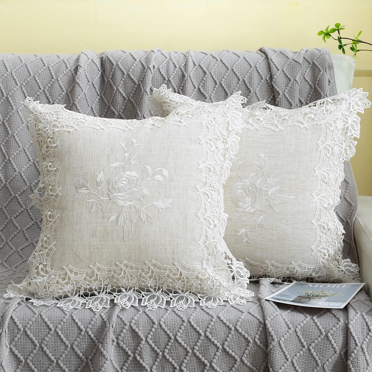 2 Pack Embroidered Spring Floral Throw Pillow Covers 18x18 Inches