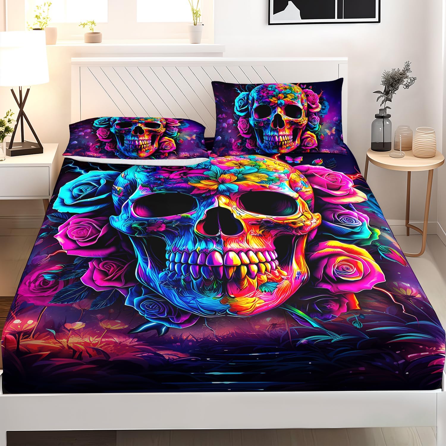 AILONEN Skull Print Fitted Sheet Set Twin XL