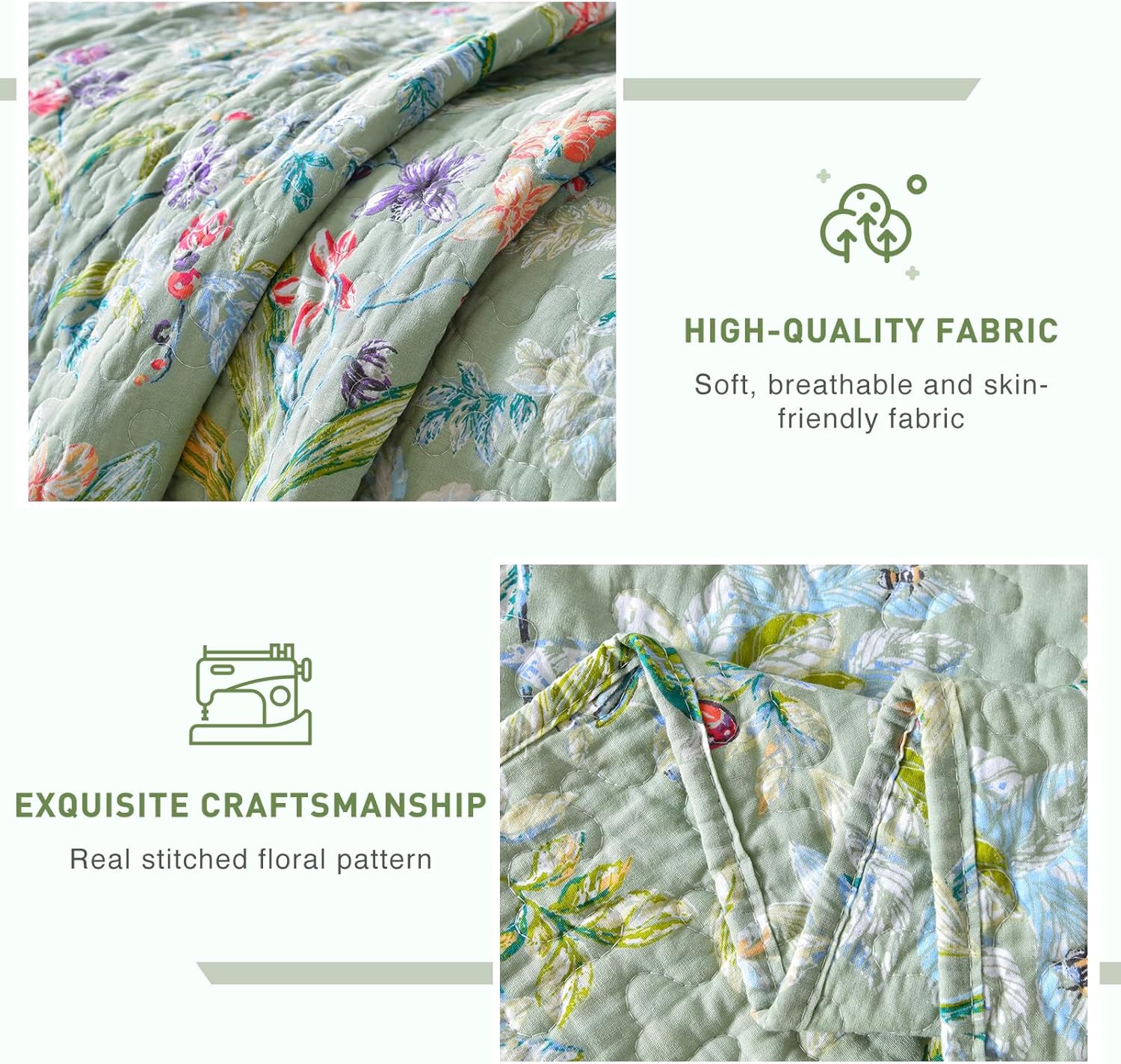 Lady Ann Green Floral 100 Cotton King Quilt Set