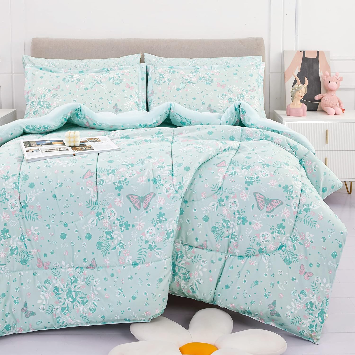 Viviland Twin Butterfly Comforter Set - Pale Green Kids Bedding 5 Piece Set