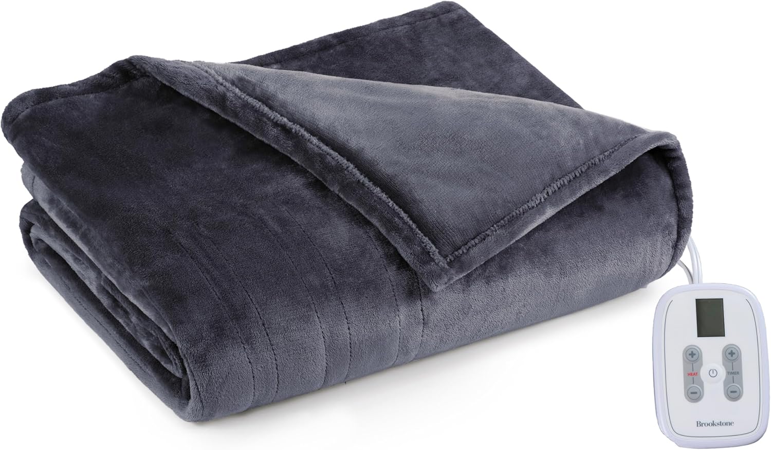 Brookstone Heated Plush Blanket - 10 Heat Settings Timer Auto Shut Off Gray