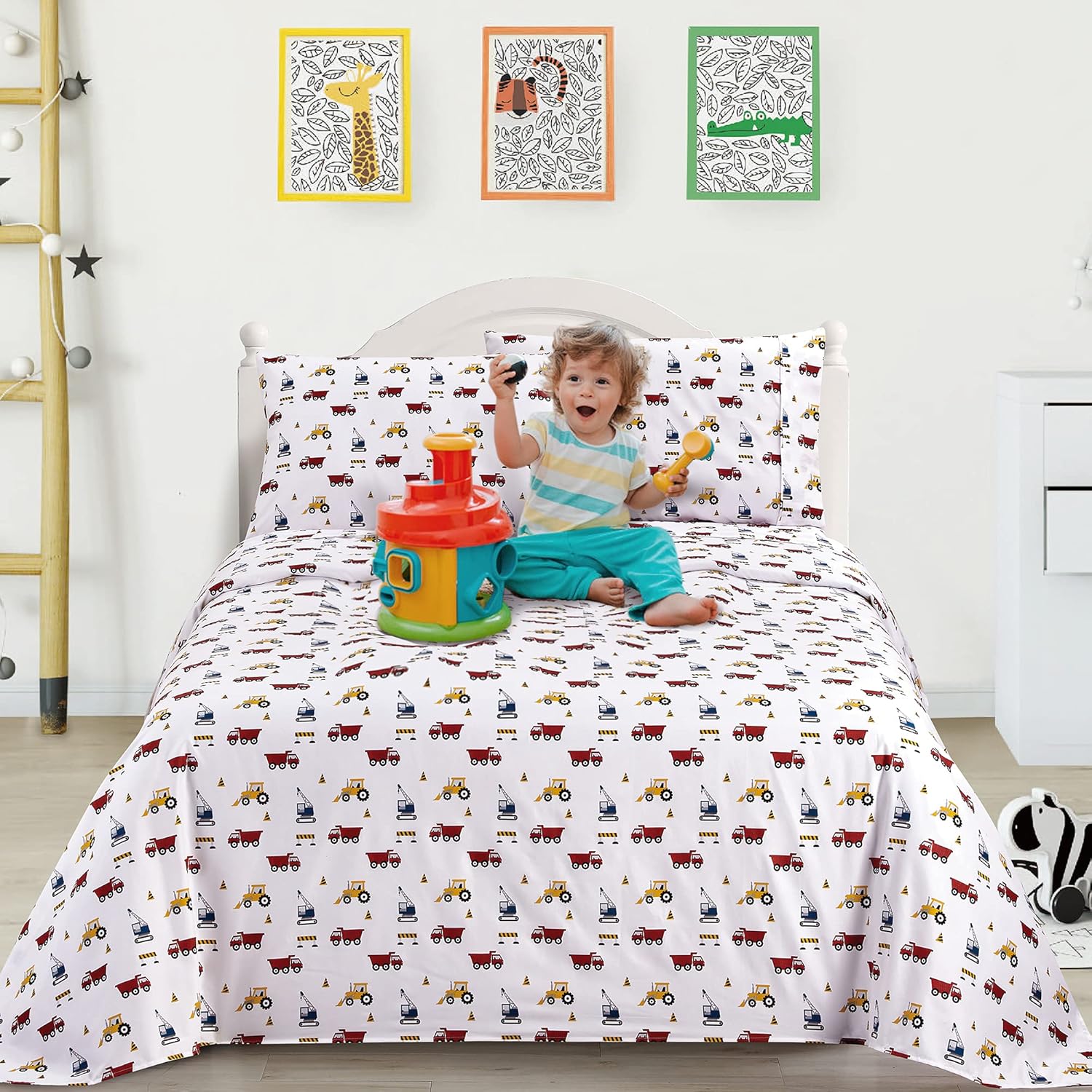 Viviland 4-Piece Boys Truck Bed Sheet Set - White Microfiber