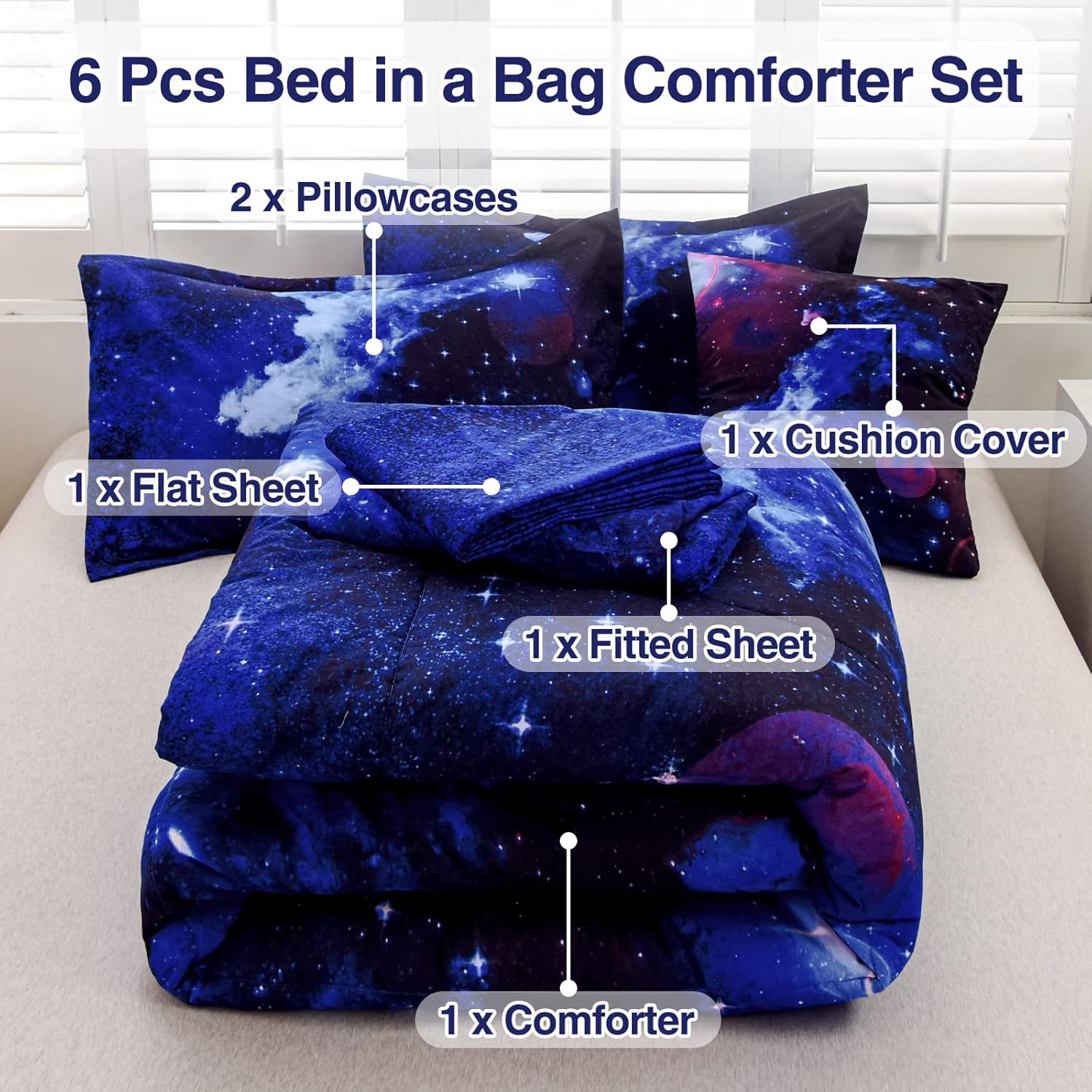 A Nice Night Galaxy 6Pcs Comforter Set for Kids Adults