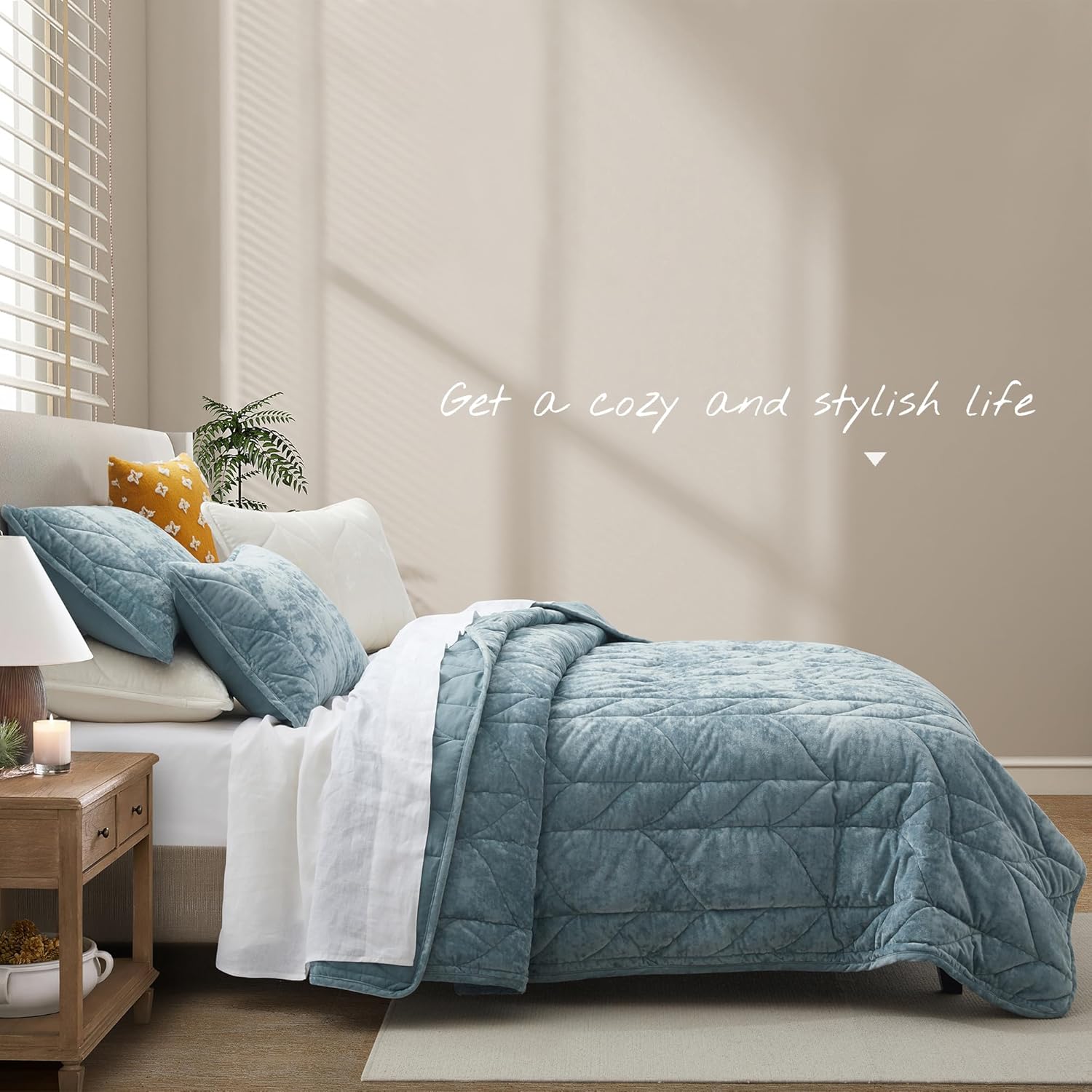 Oli Anderson Velvet Quilt Set Queen Size - Ash Blue 3PCS