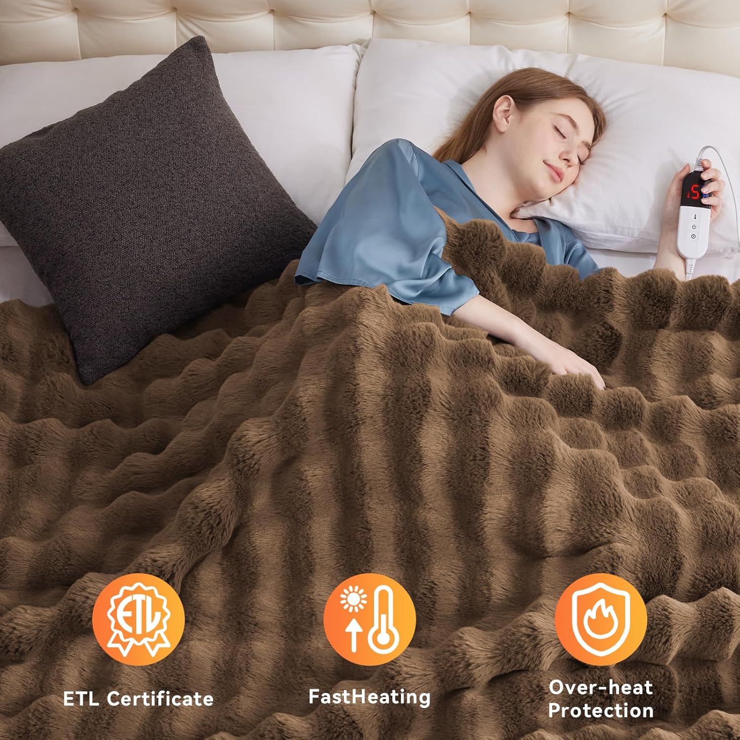 Anysay Heated Blanket Throw 6 Hours Auto-Off 10 Heat Levels Brown