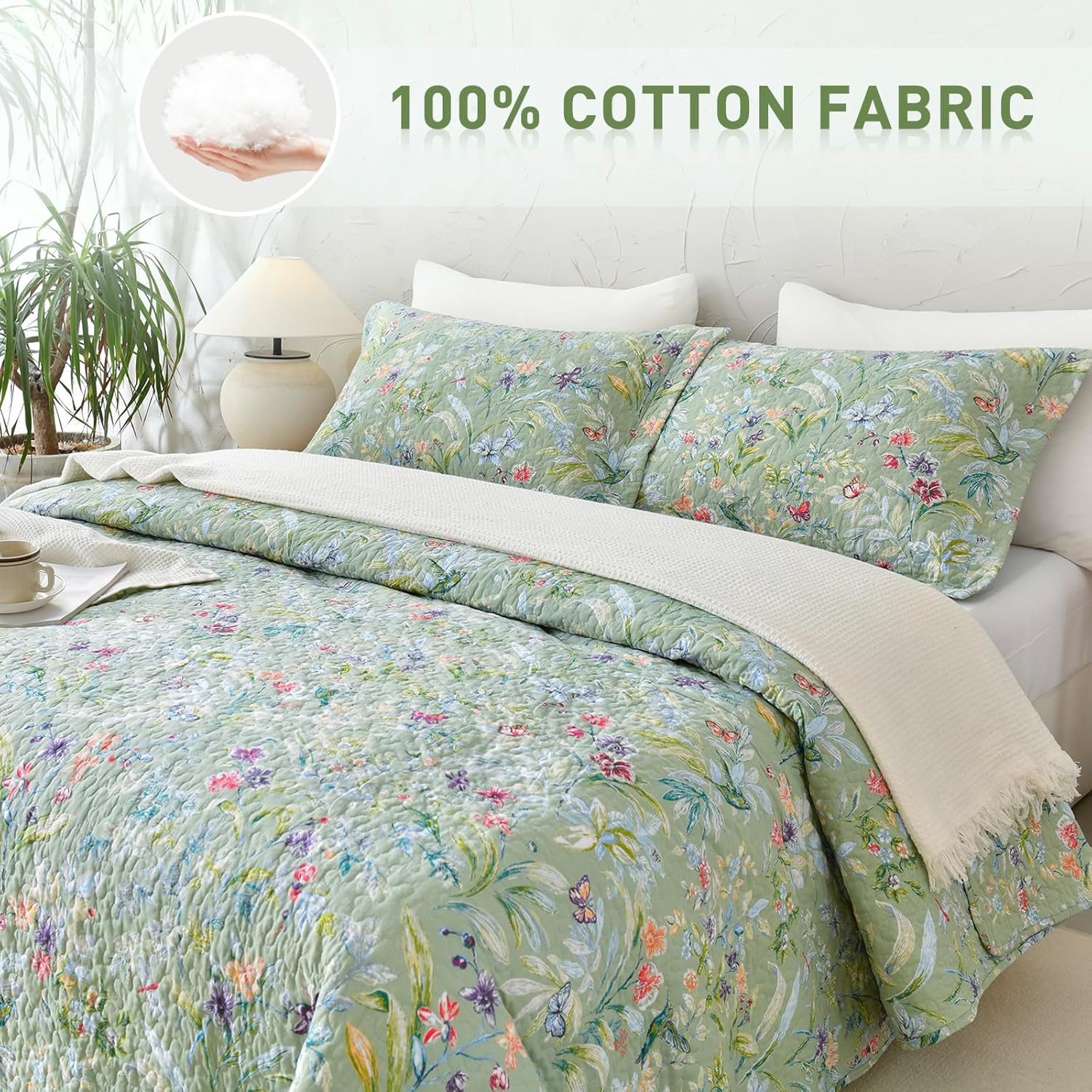 Lady Ann Green Floral 100 Cotton King Quilt Set