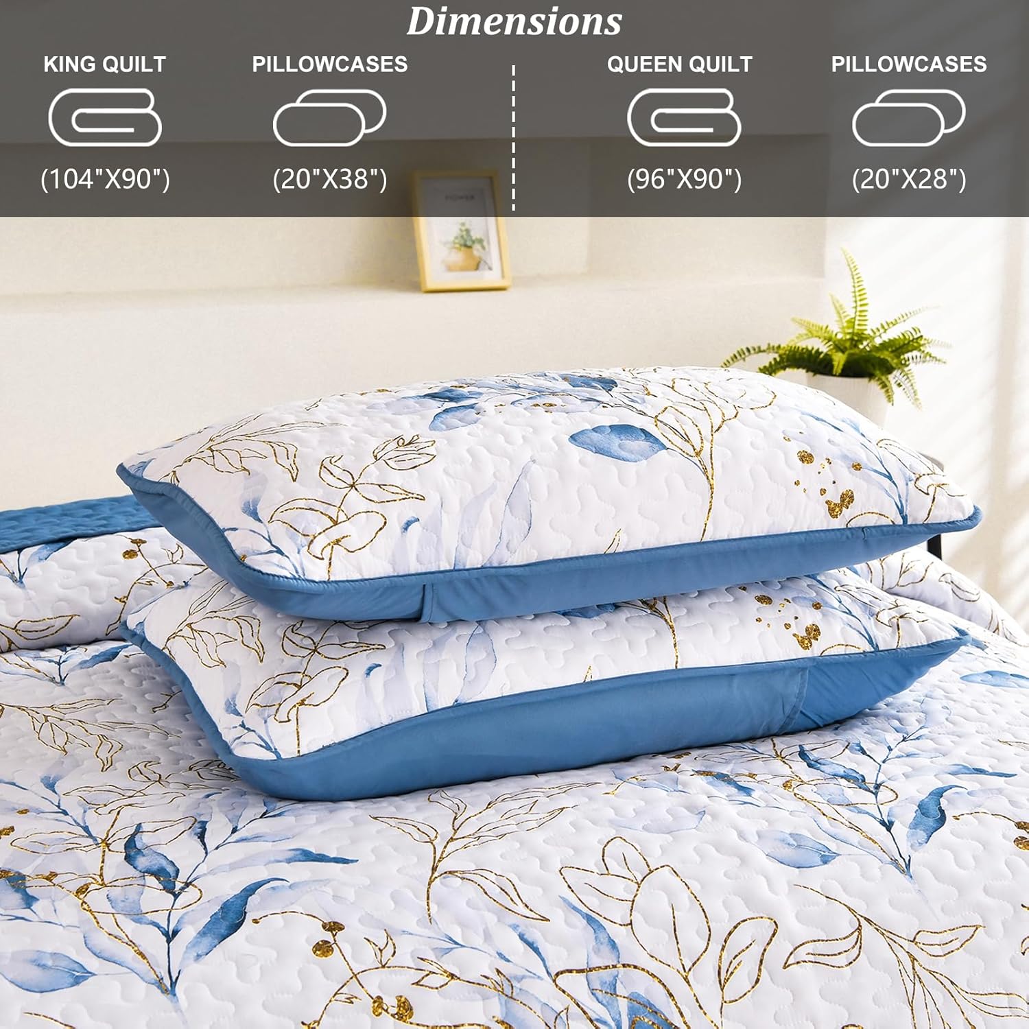 Anibedding Blue Quilt Set Queen 3 Piece