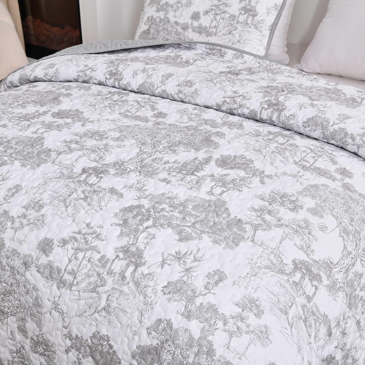 WONGS BEDDING Grey Reversible Quilt Set 3 Piece Full Size