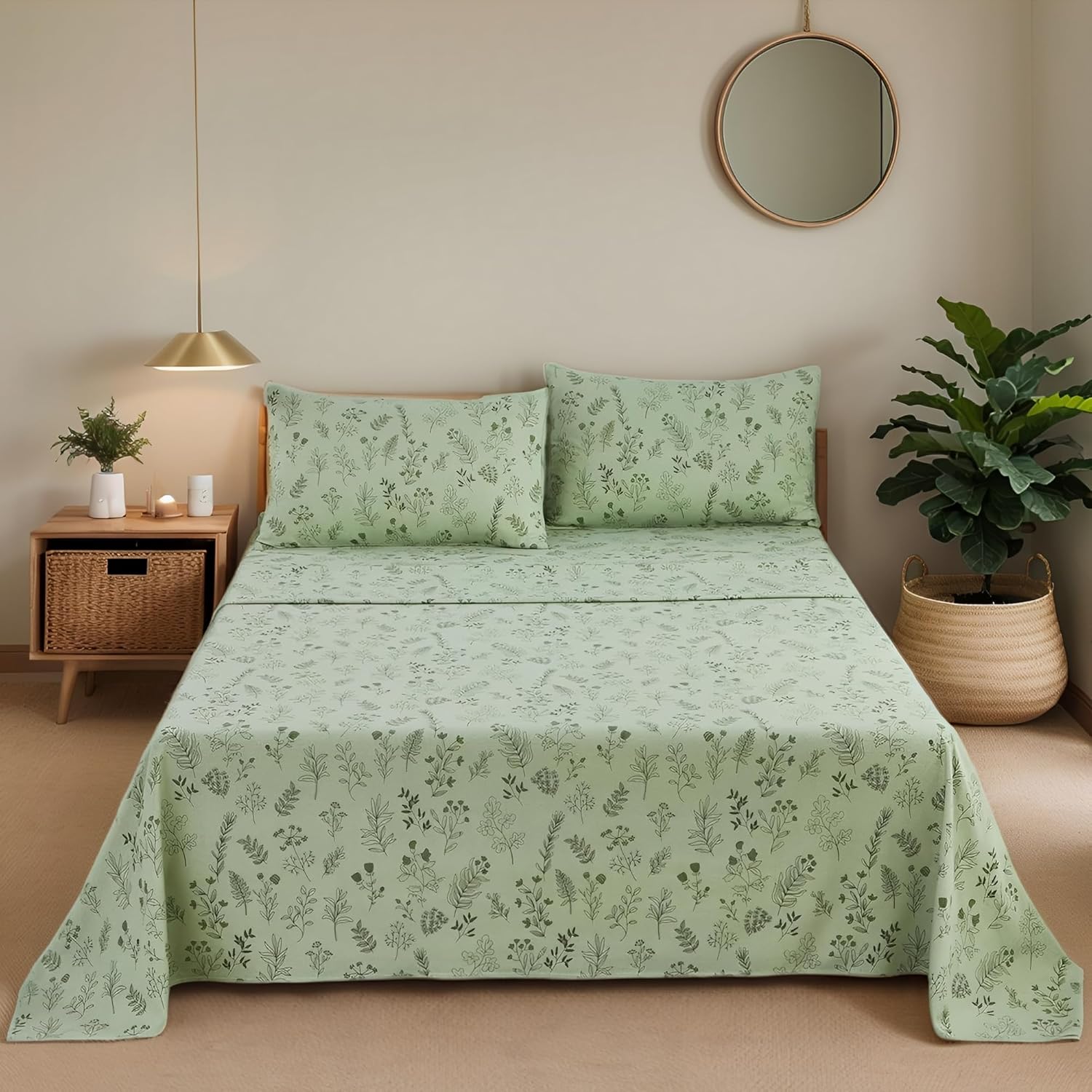 Usfivefam Green Floral Cal King Sheet Set 4PCS