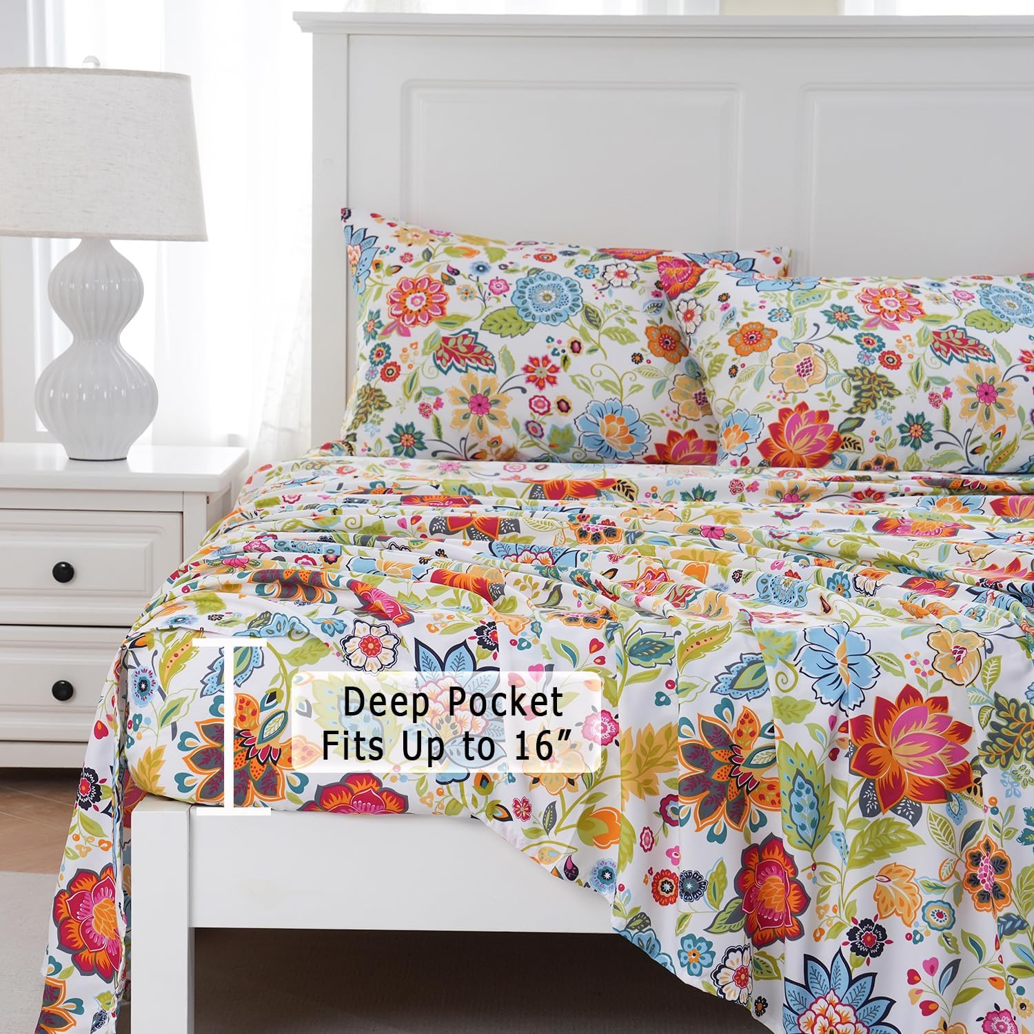 MEISHANG Queen Sheet Set - Floral Deep Pocket Ultra Soft Microfiber