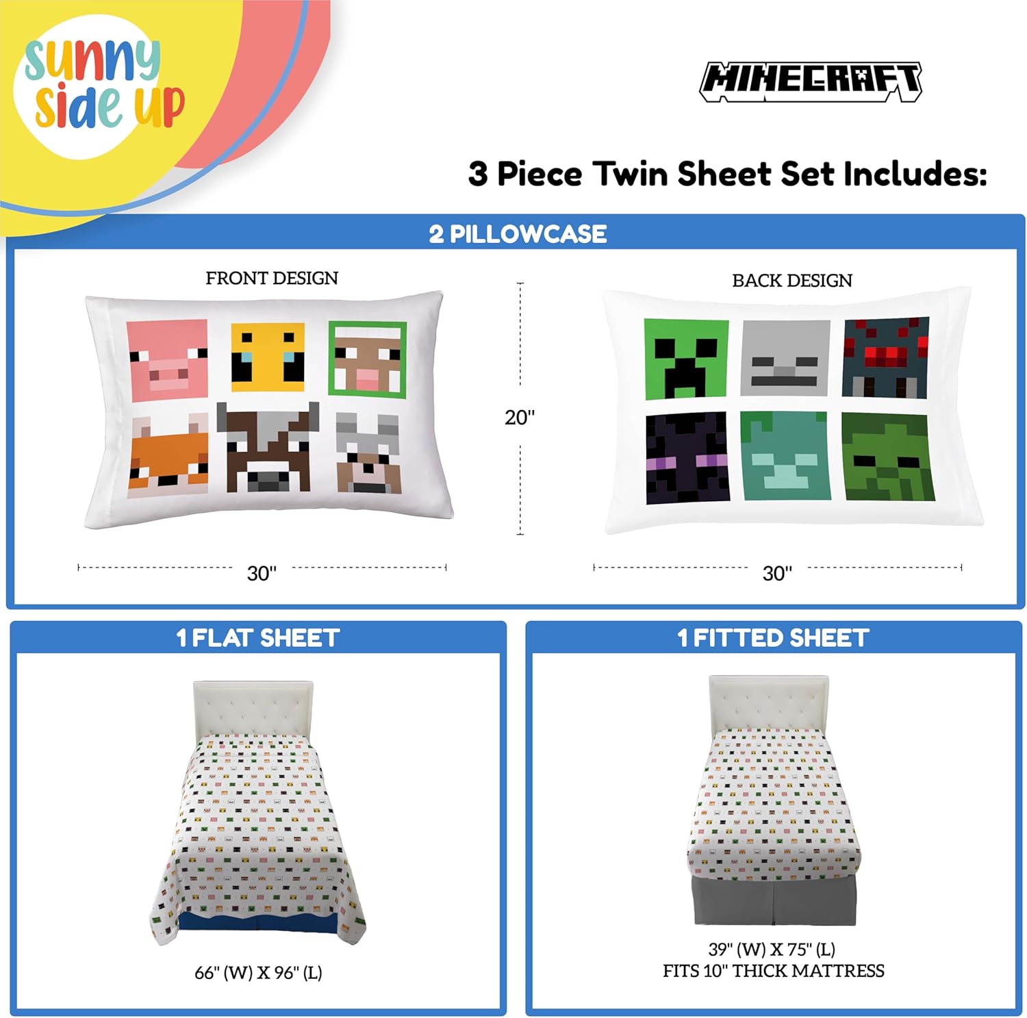Sunny Side Up Minecraft Creeper Animals Twin Sheet Set 3 Piece