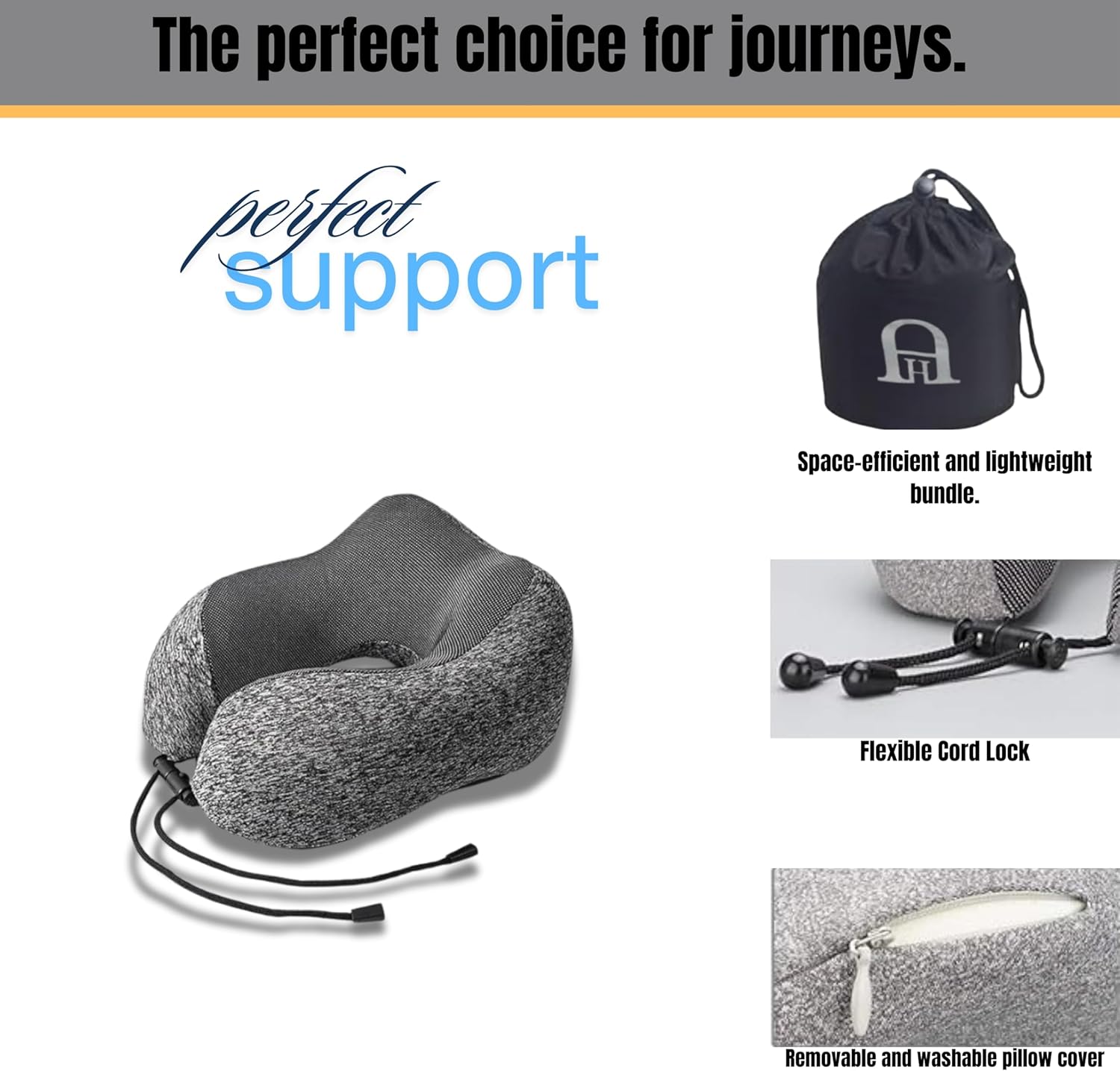 HA Travel Neck Pillow with Eye Mask and Luxury Bag - Dark Gray