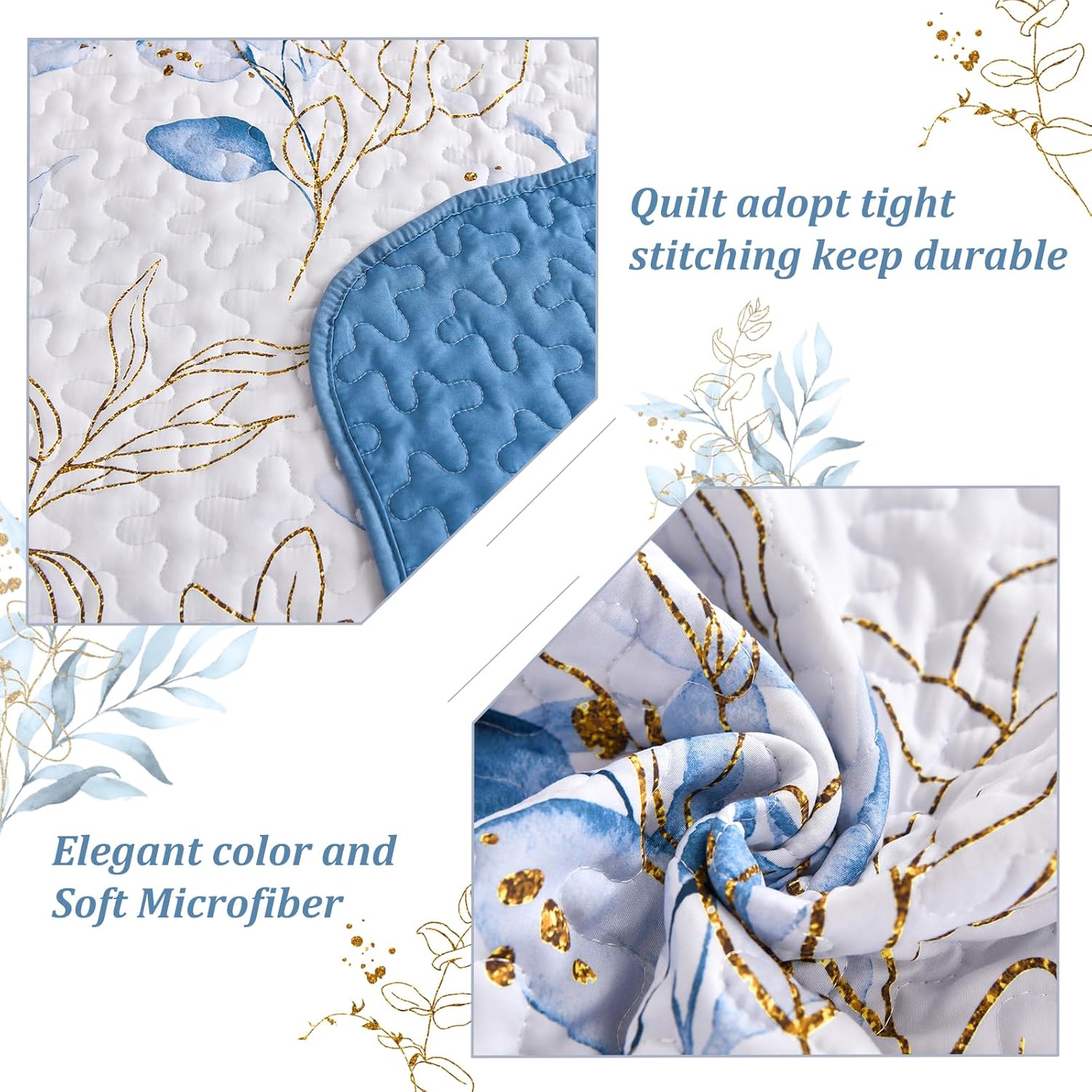 Anibedding Blue Quilt Set Queen 3 Piece