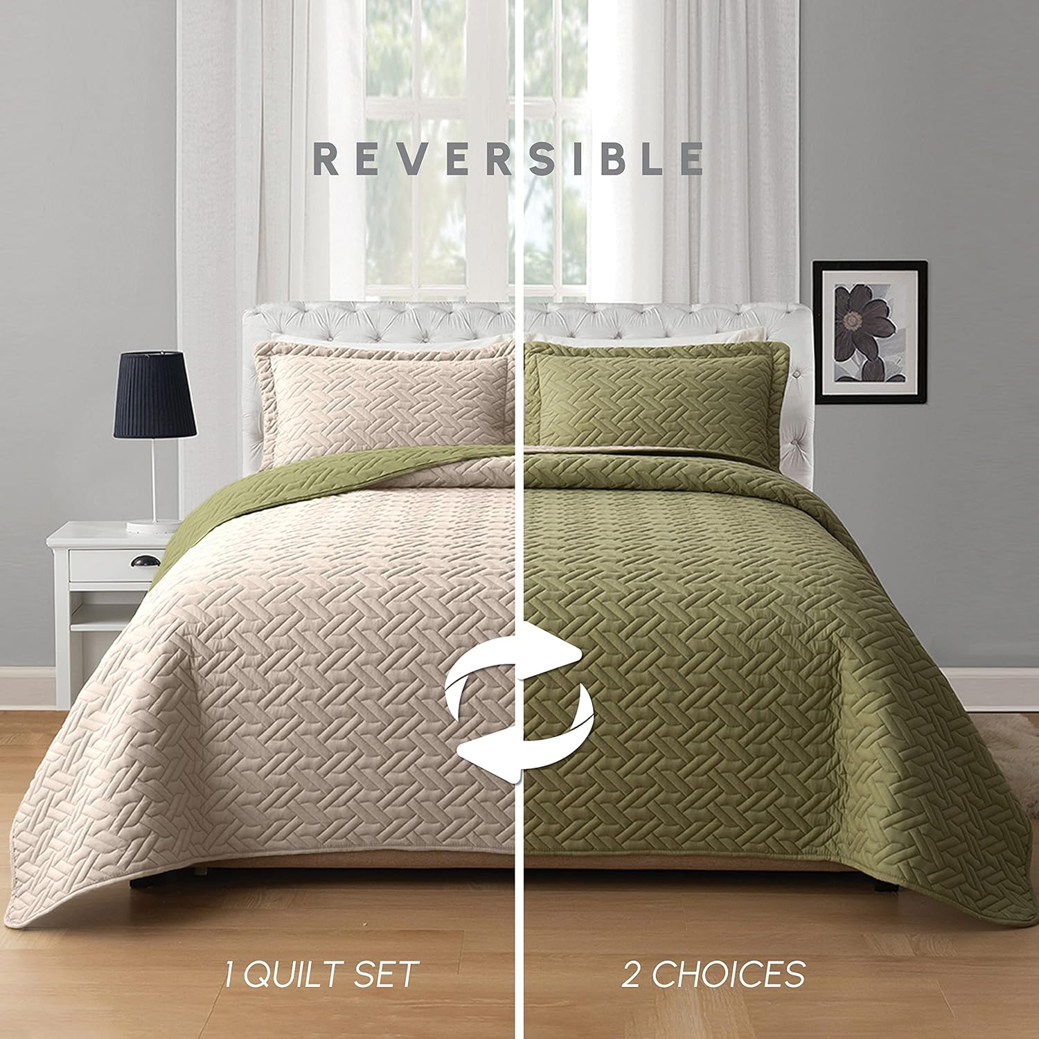 Elegant Comfort Reversible Quilt Set - Sage Cream