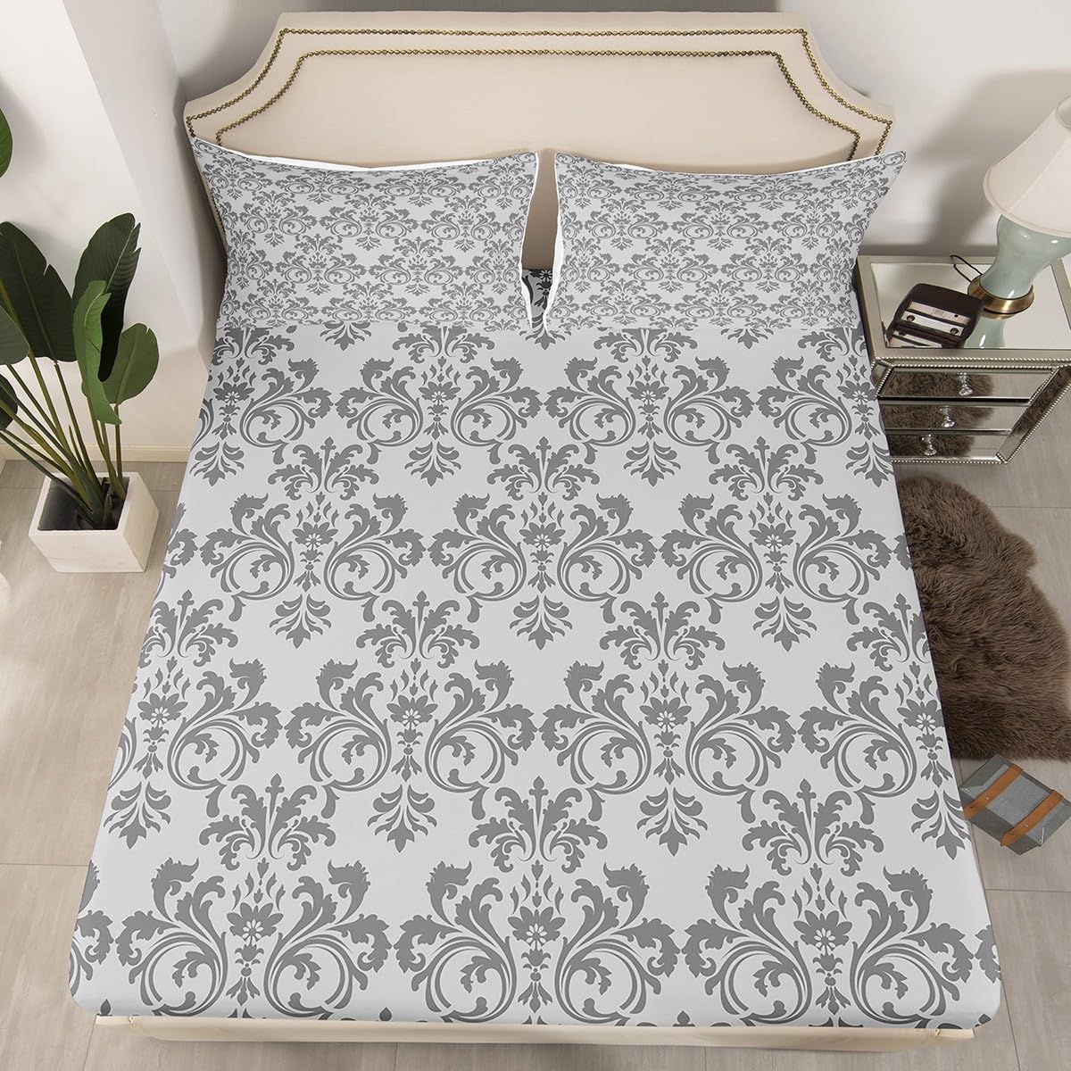 Erosebridal Damask Sheet Set Twin Size Light Grey