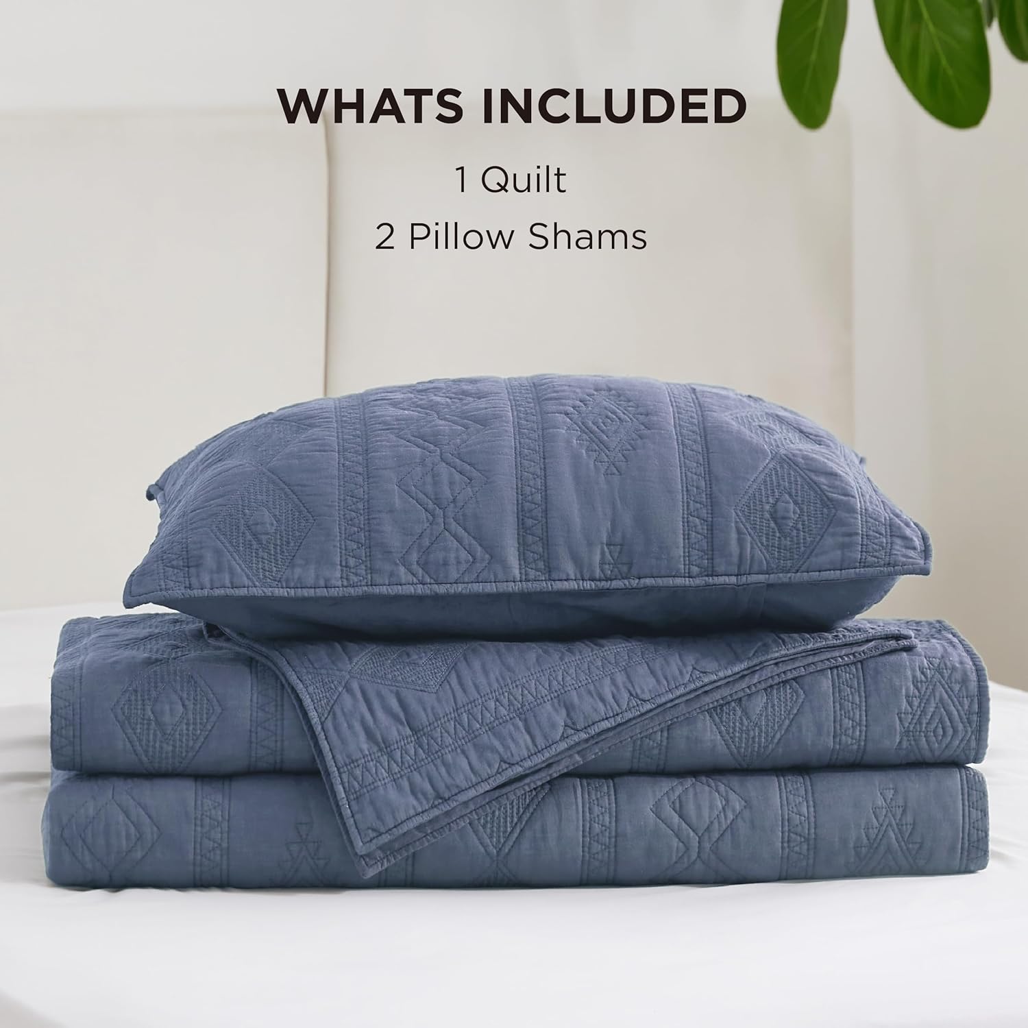 Bedsure 100 Cotton Quilt Set Queen Navy Blue Geometric 3-Piece