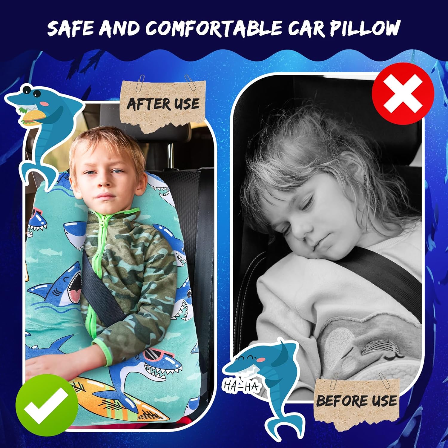 Cinnvoice 28x18 Inch Shark Style Travel Pillow for Kids and Adults