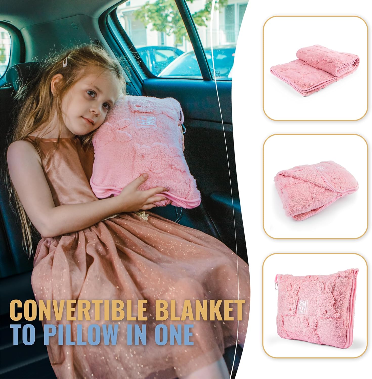 BOACAY Travel Toddler Blanket - Soft Kids Throw with Backpack Clip and Pillow Design