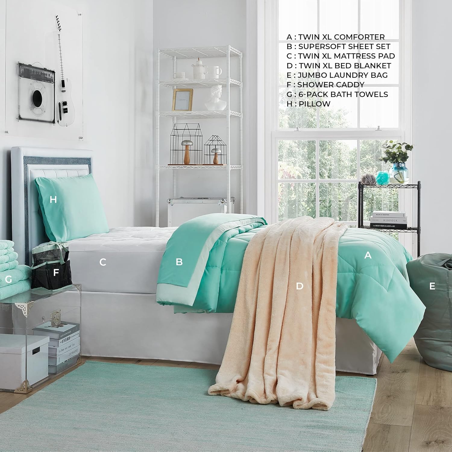 College Freshman Dorm Pack - YuccaHint of Mint Comforter Set 1