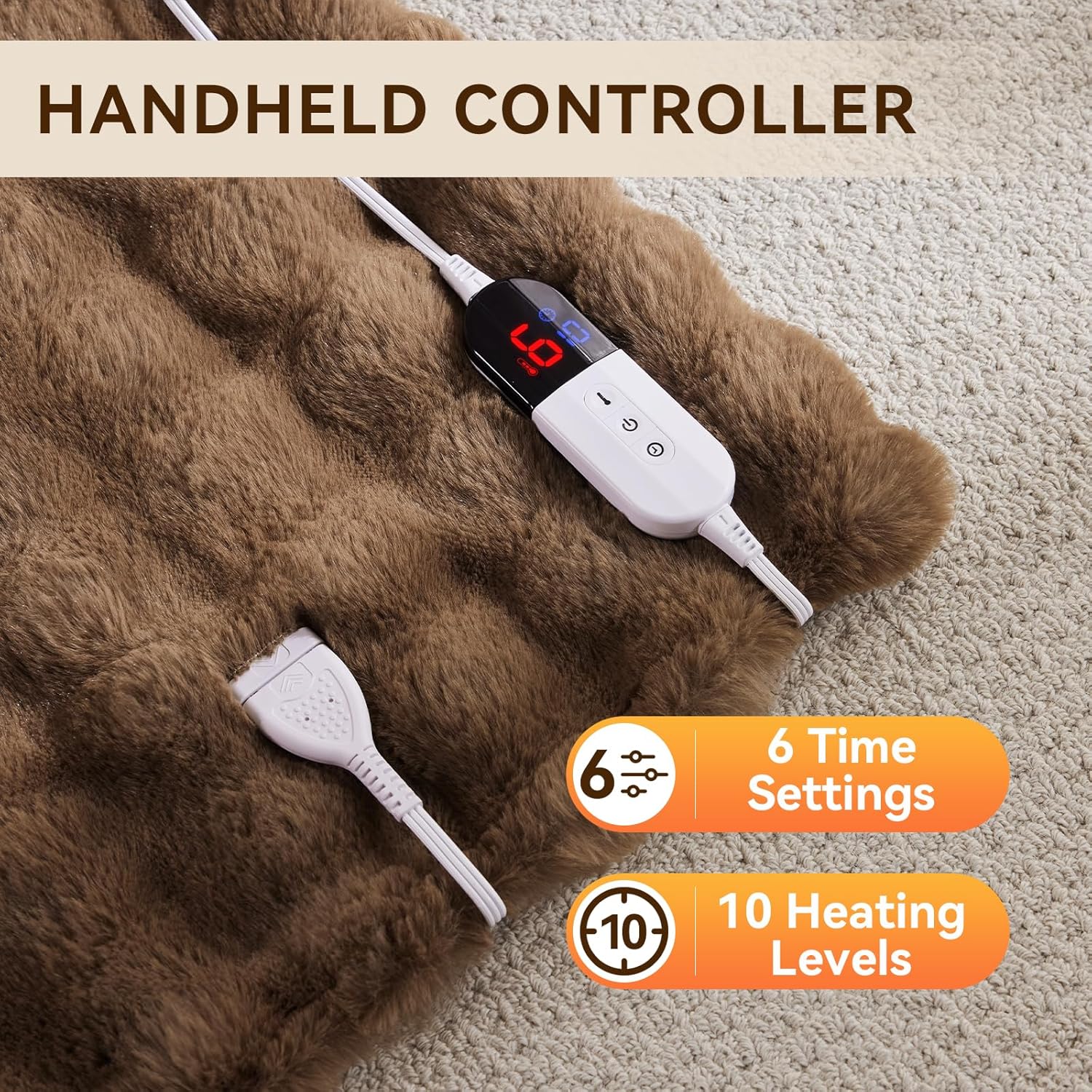 Anysay Heated Blanket Throw 6 Hours Auto-Off 10 Heat Levels Brown