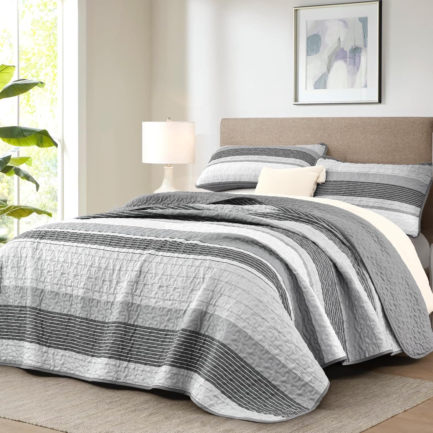 Djoymock Grey Striped Quilt Set 3 Piece Queen Size