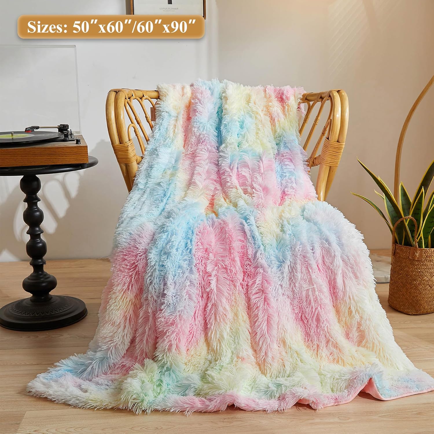 XeGe Plush Faux Fur Rainbow Throw Blanket 1
