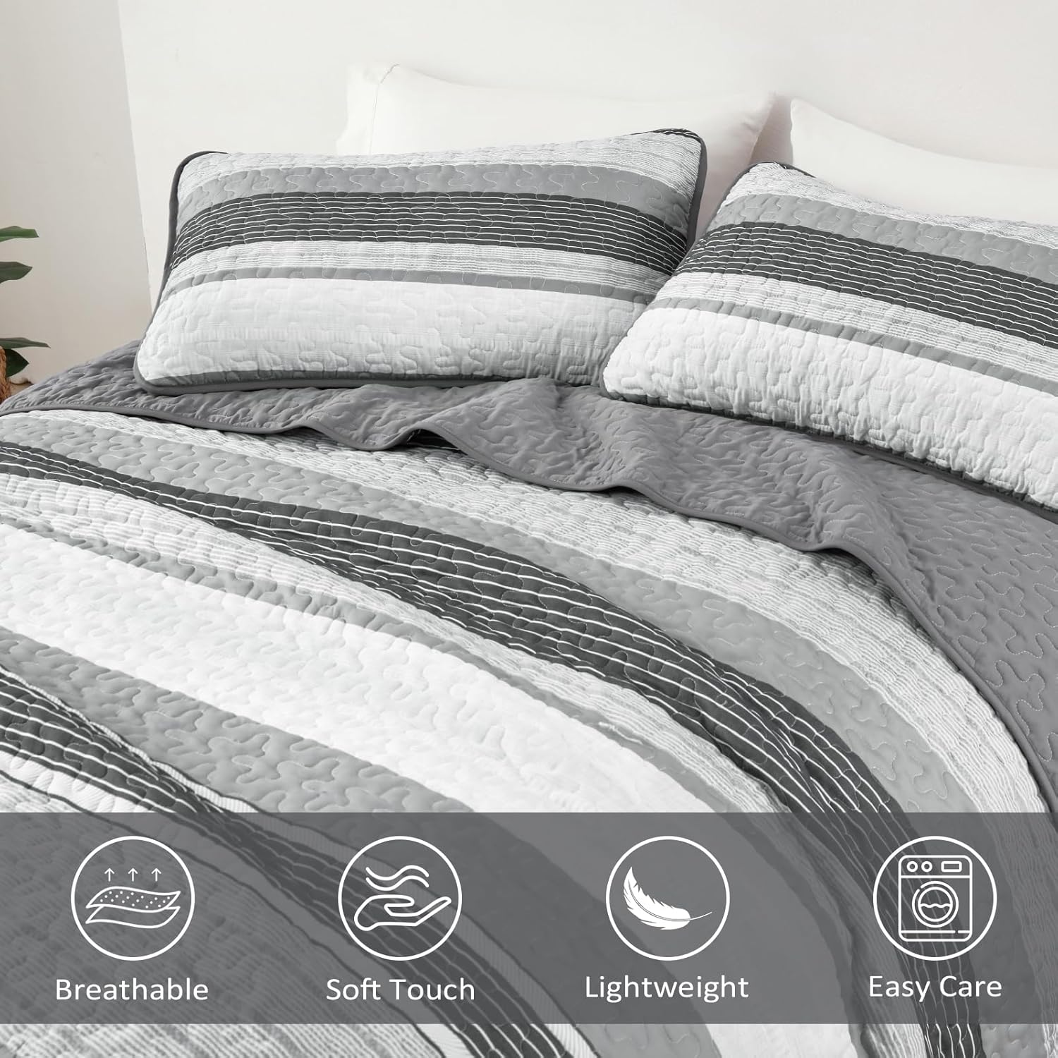 Djoymock Grey Striped Quilt Set 3 Piece Queen Size