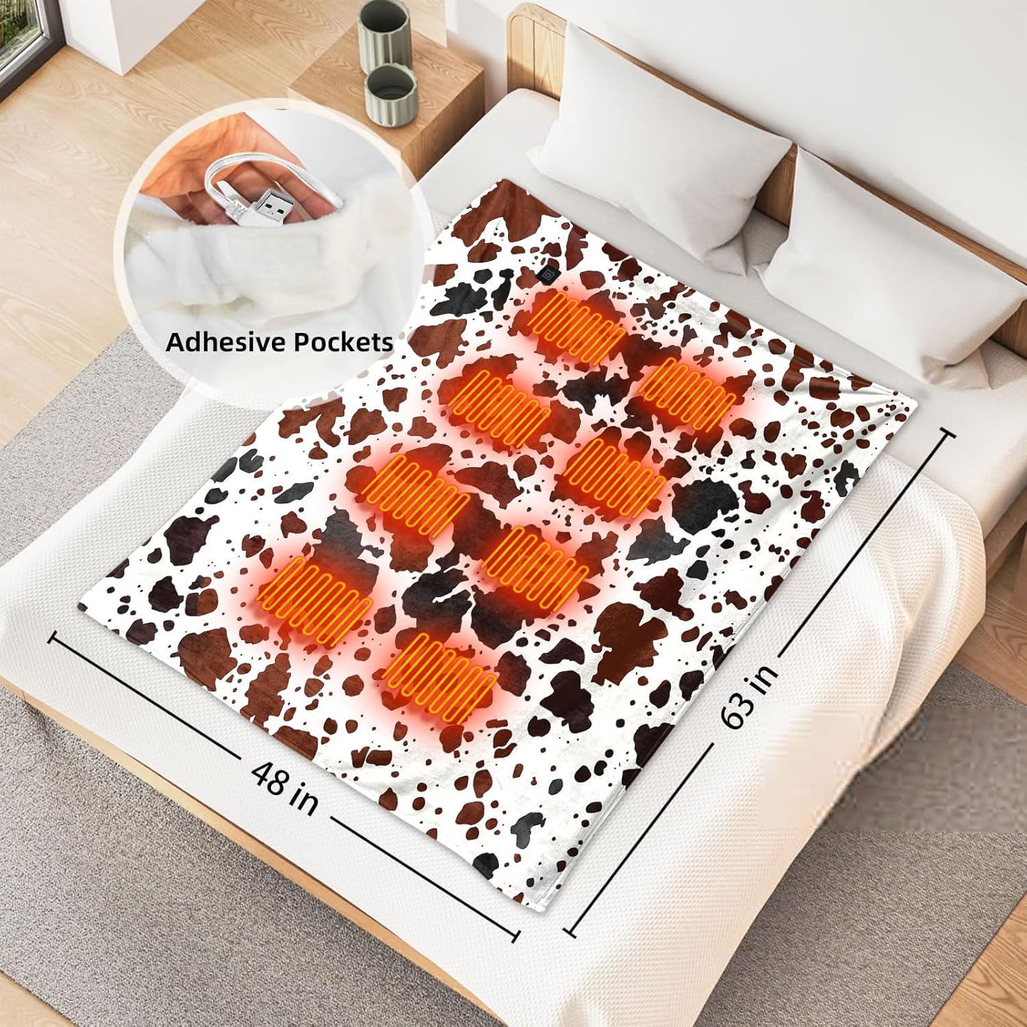 USB Cow Print Heated Throw Blanket with 3 Heat Levels