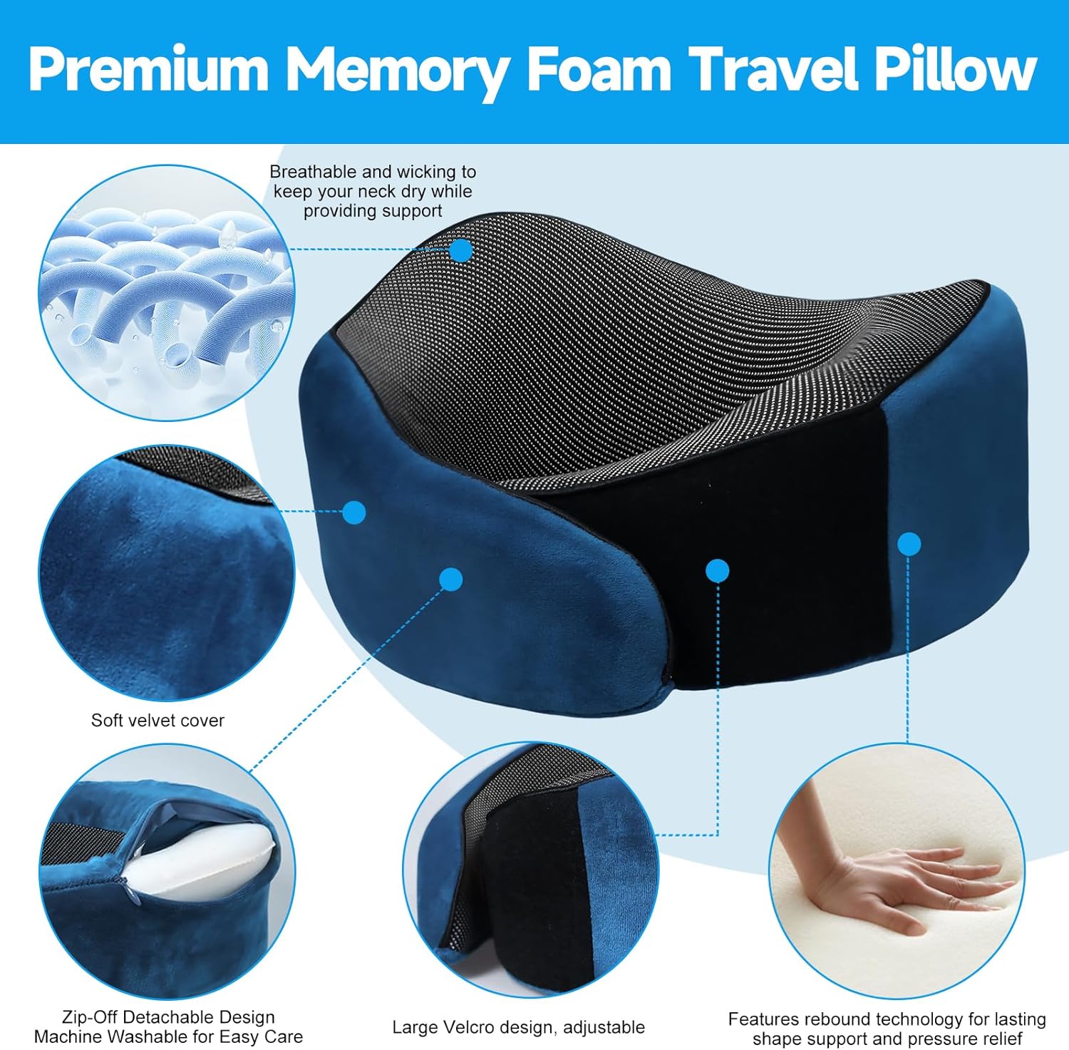 Travel Neck Pillow with Flannel Cover Navy