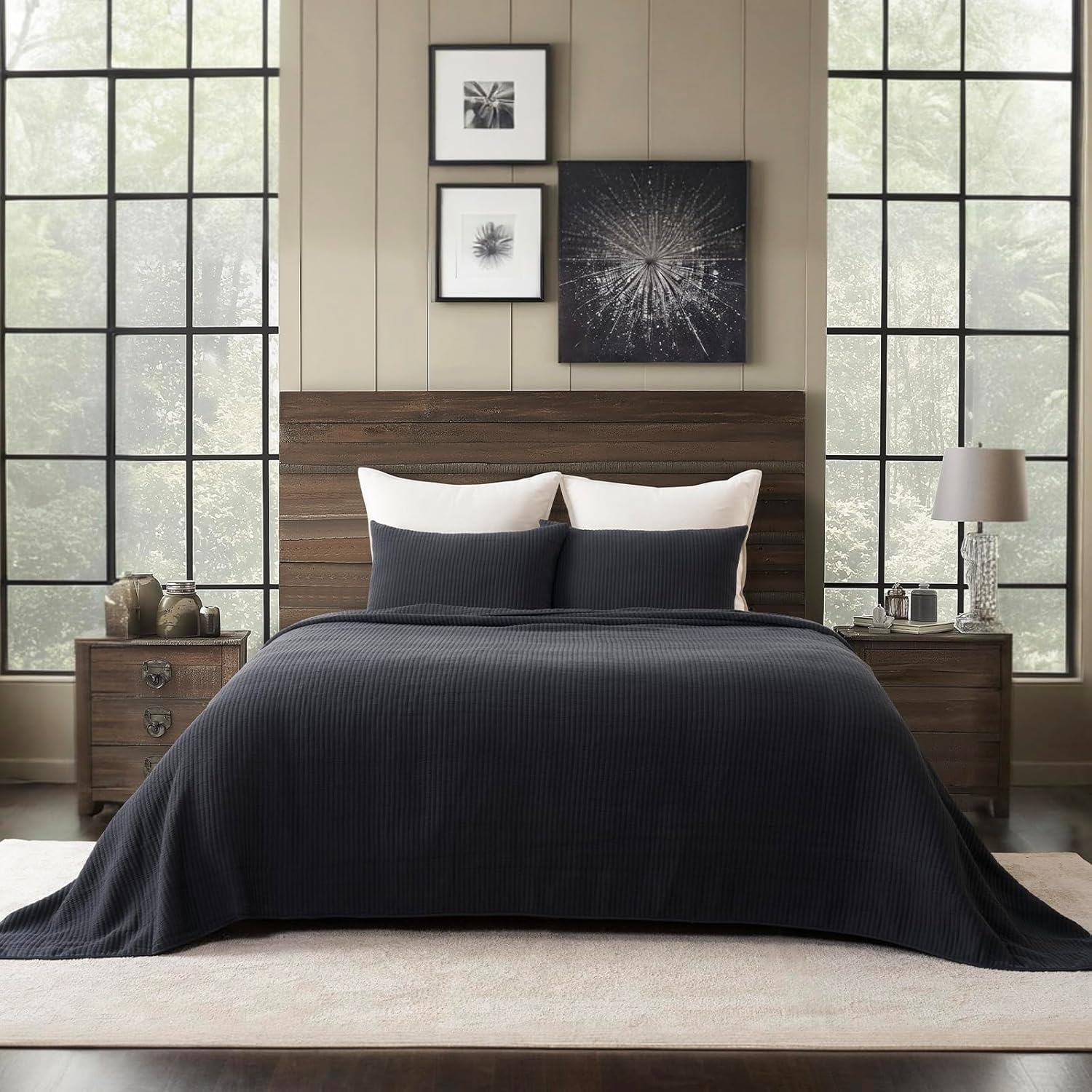 EVERGRACEHOME Cotton Coverlet Set King 3 Pieces Washed Black